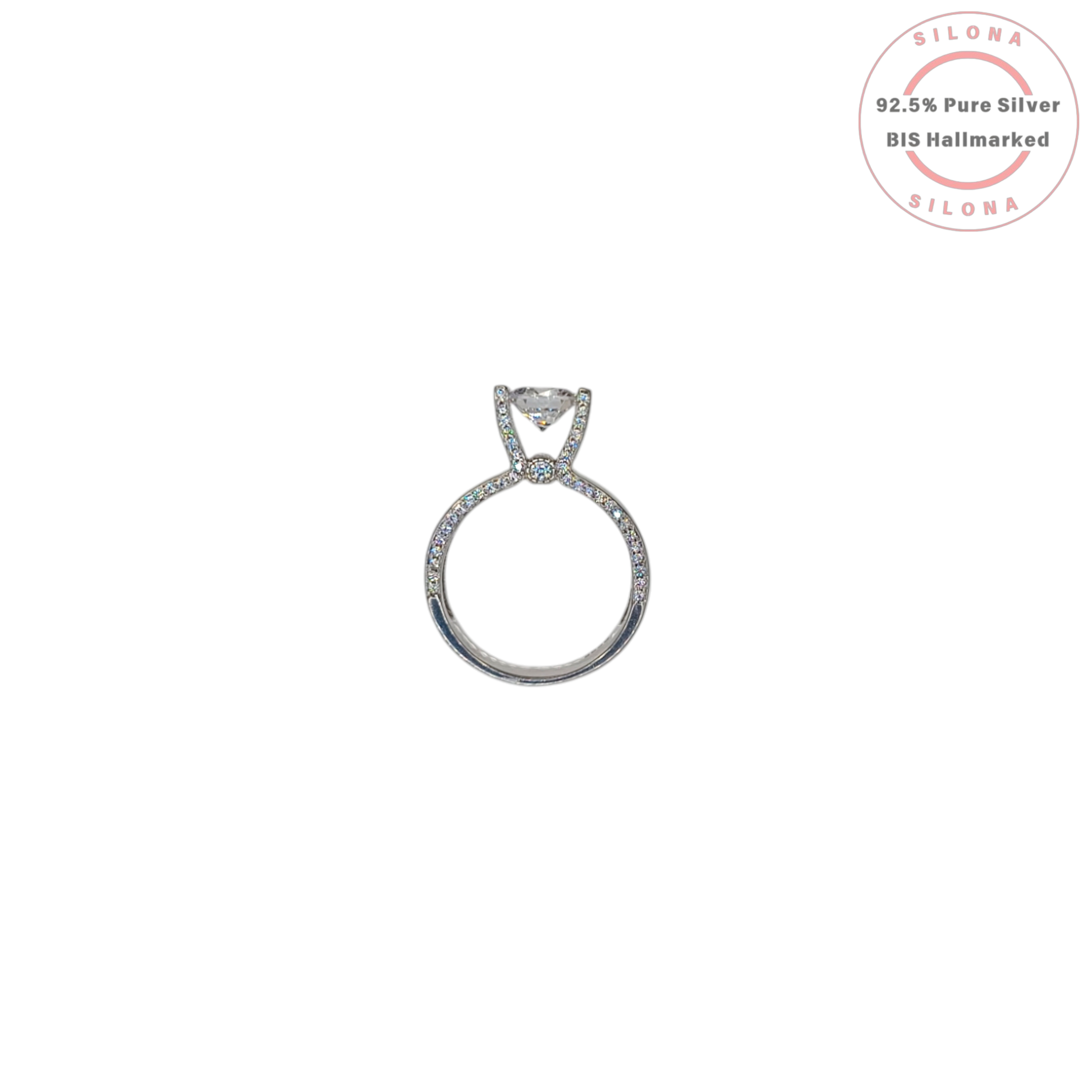 Silona's Brilliant Dewdrop Solitaire Ring in 92.5 pure silver, featuring a central brilliant-cut cubic zirconia in a V-shaped setting with a pavé band, on a white background.