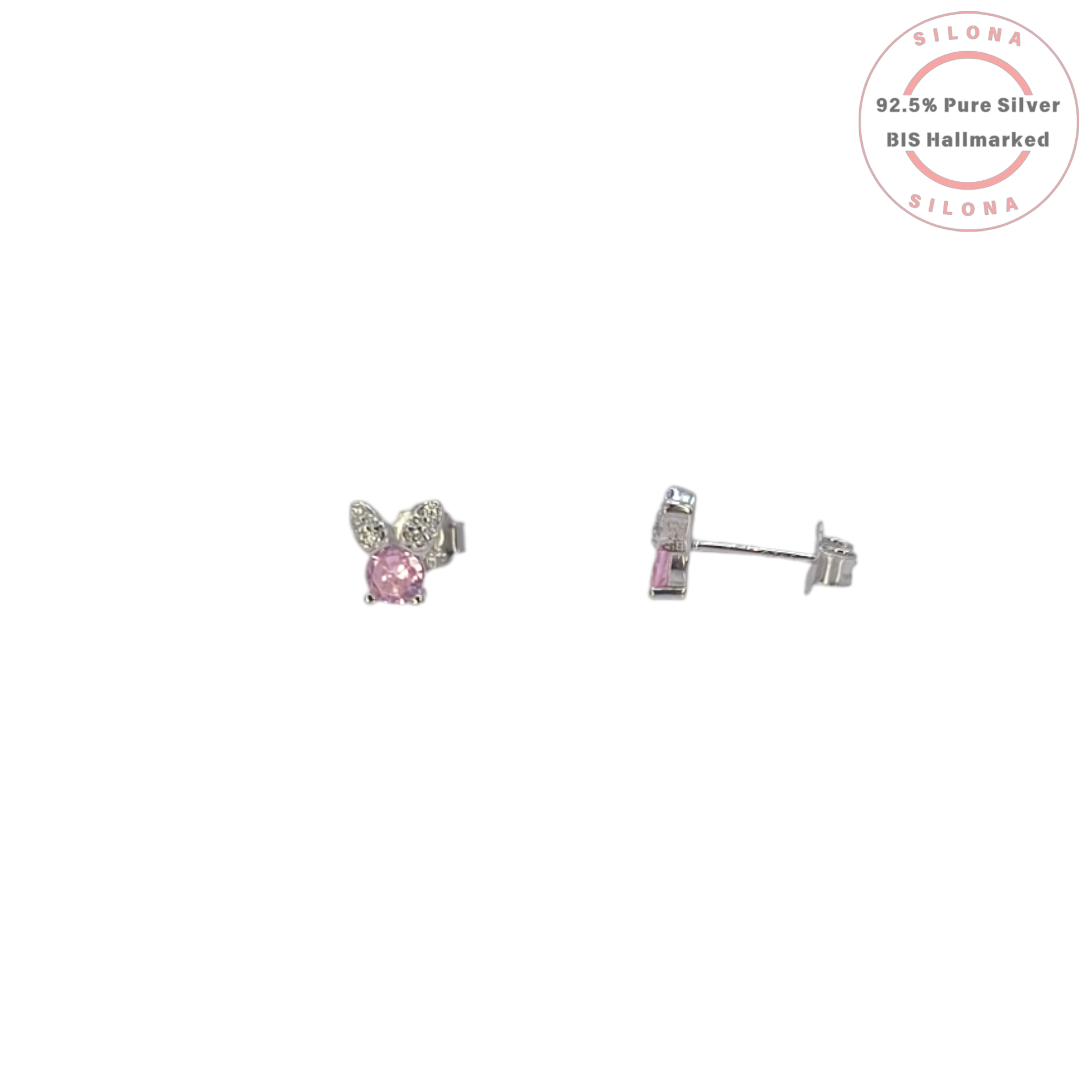 Pair of Silona silver butterfly stud earrings with pink cubic zirconia stones and pavé set wings on a white background.
