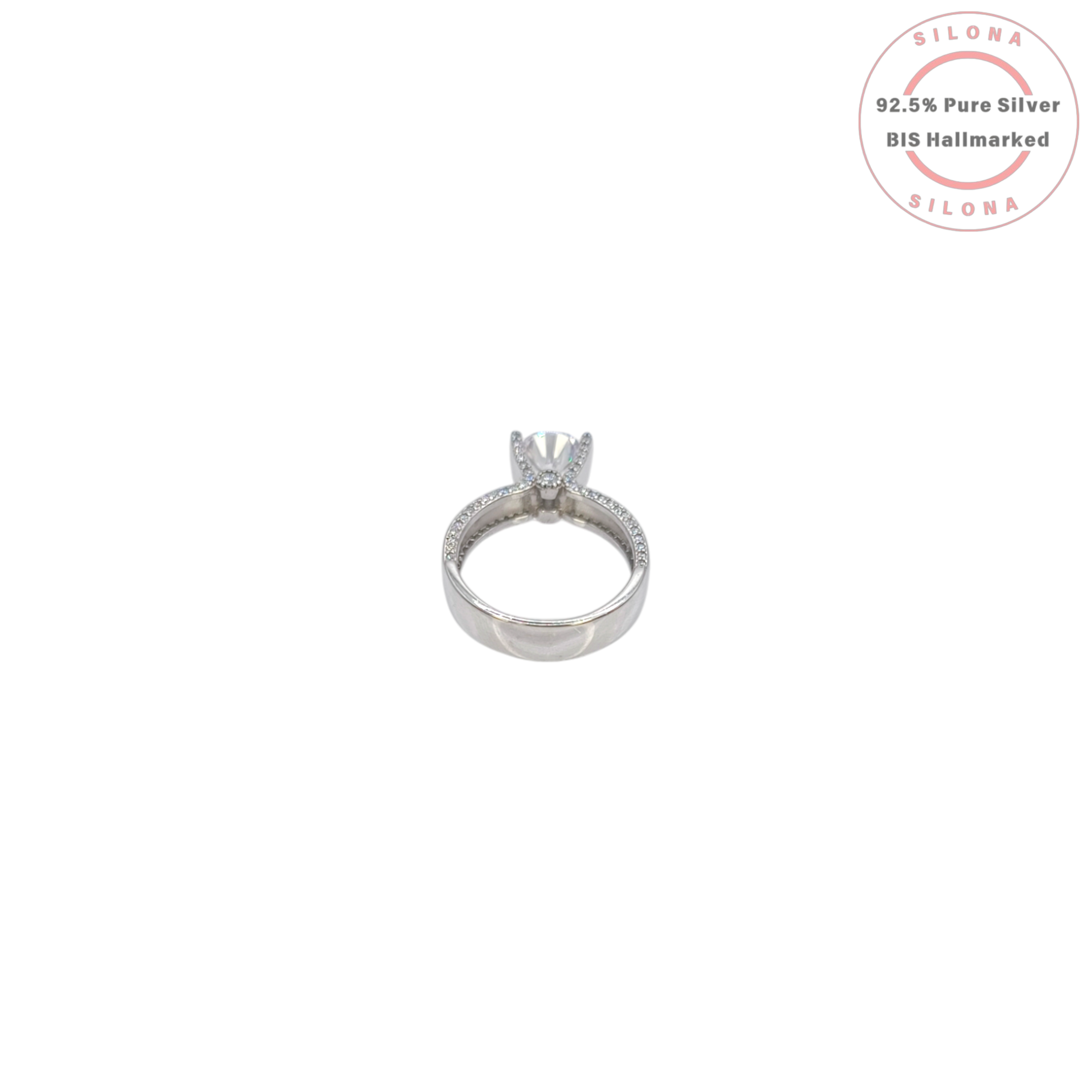 Silona's Brilliant Dewdrop Solitaire Ring in 92.5 pure silver, featuring a central brilliant-cut cubic zirconia in a V-shaped setting with a pavé band, on a white background.
