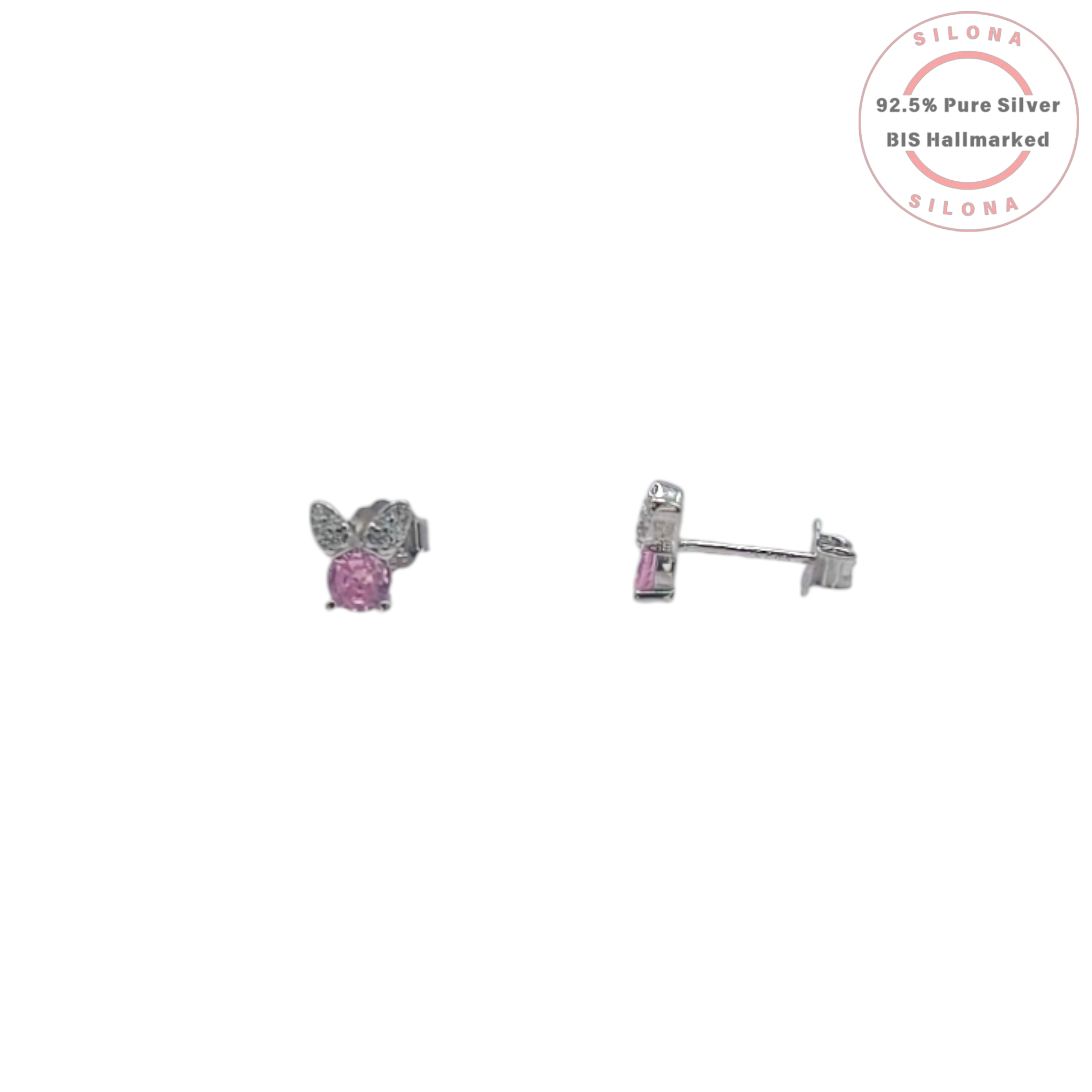Pair of Silona silver butterfly stud earrings with pink cubic zirconia stones and pavé set wings on a white background.