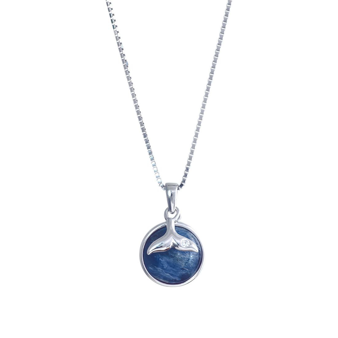 Silver box chain necklace featuring a circular dark blue stone pendant with a silver whale tail overlay accented with a tiny crystal.