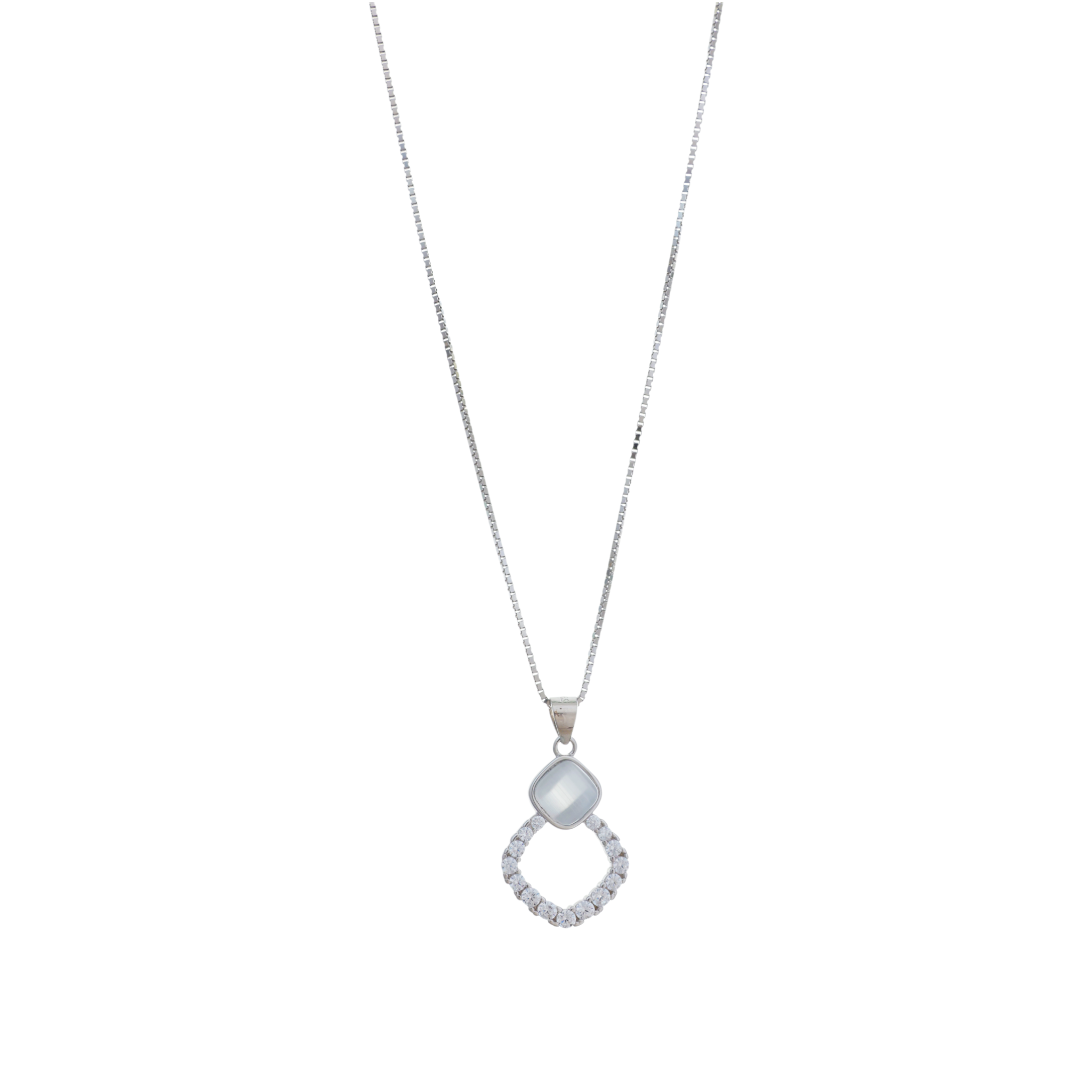 A silver box chain necklace displaying a cushion-cut opalescent cabochon pendant framed by a sparkling diamond-shaped cubic zirconia halo.