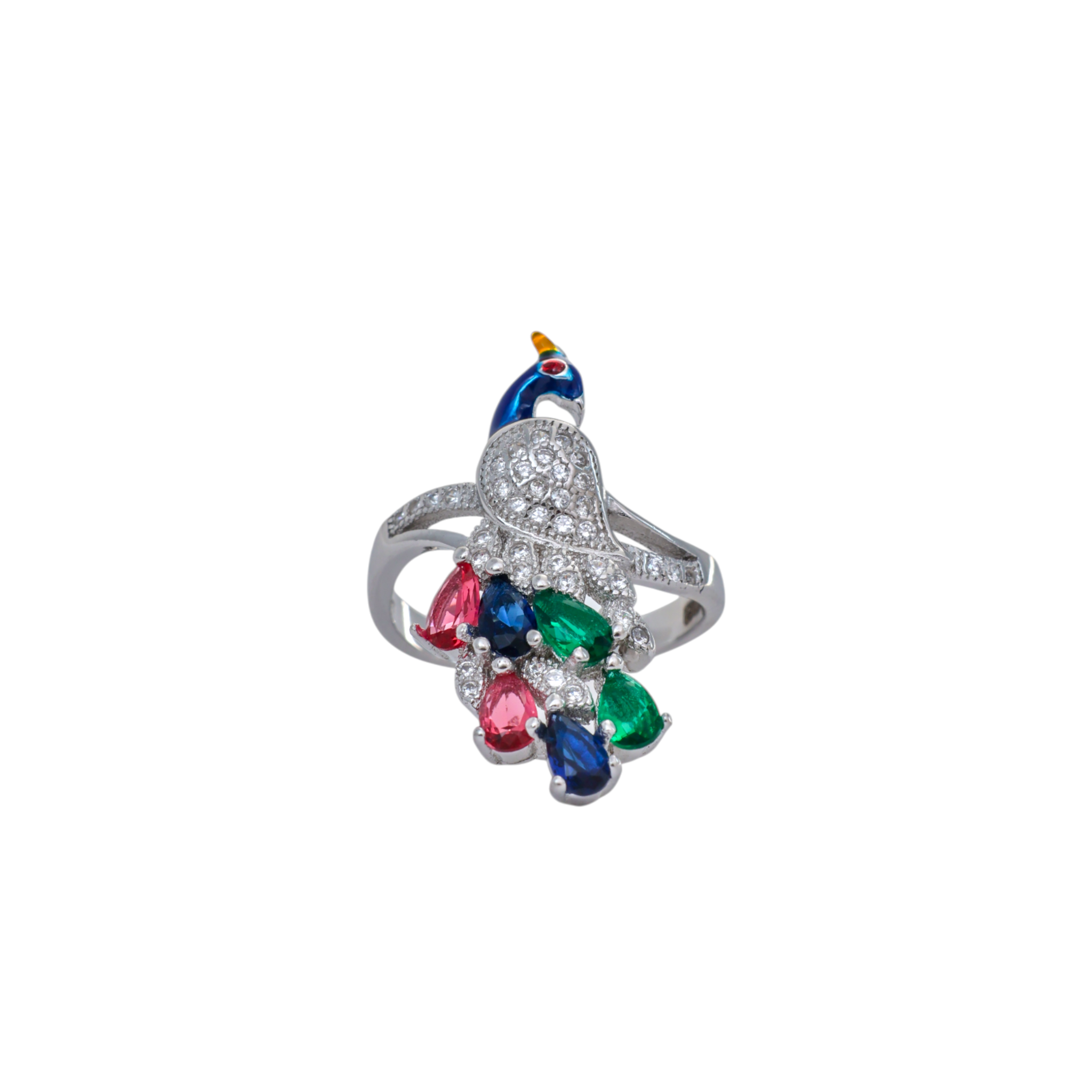 Silver peacock ring featuring blue enamel detailing and colorful teardrop stones on a white background.