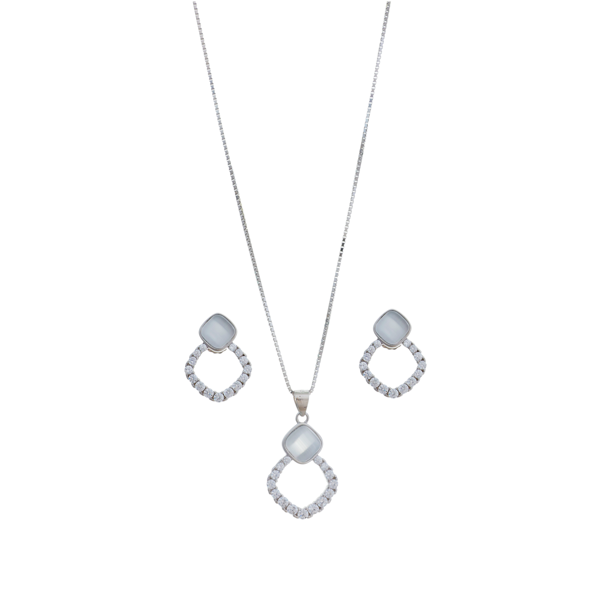 A silver box chain necklace displaying a cushion-cut opalescent cabochon pendant framed by a sparkling diamond-shaped cubic zirconia halo.