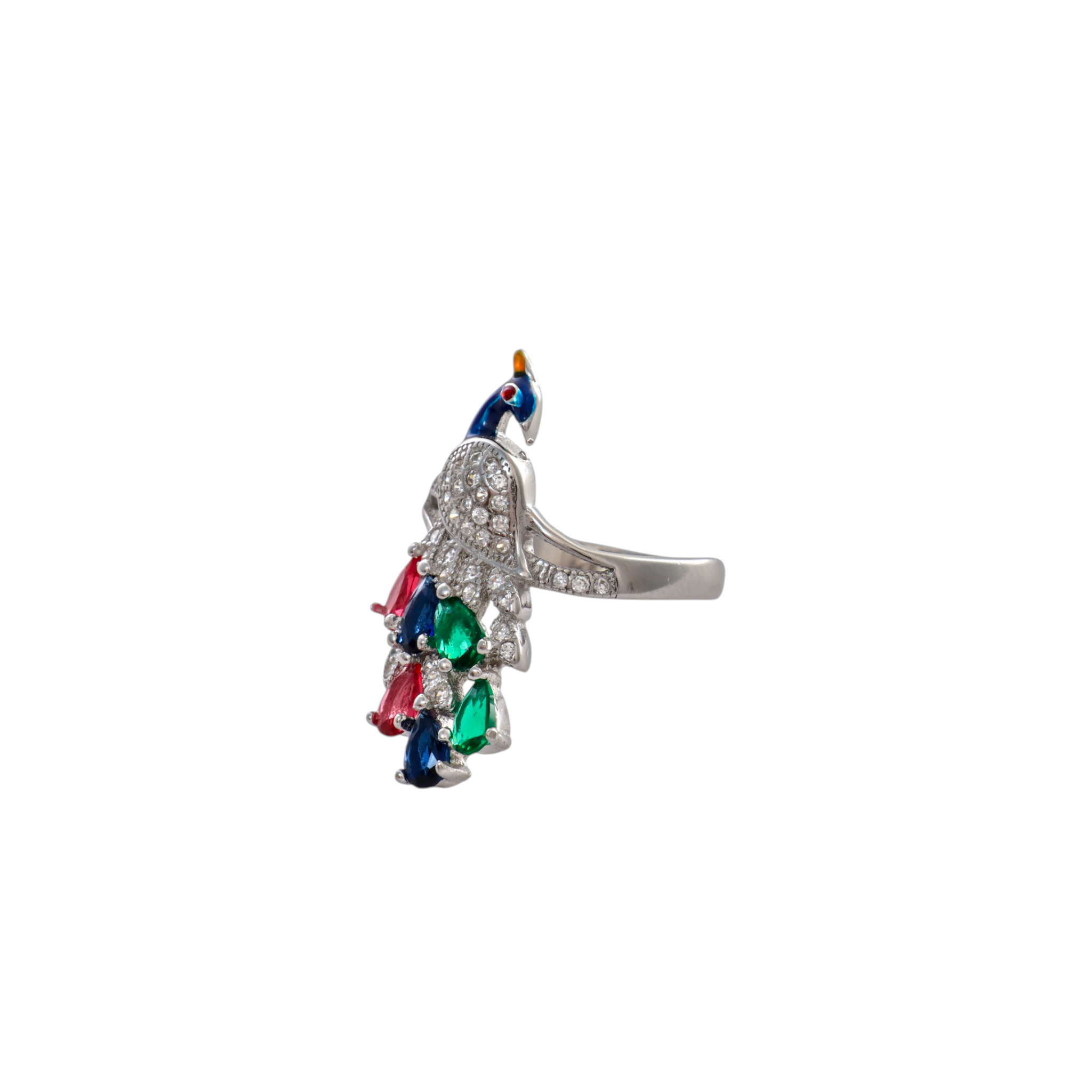 Silver peacock ring featuring blue enamel detailing and colorful teardrop stones on a white background.