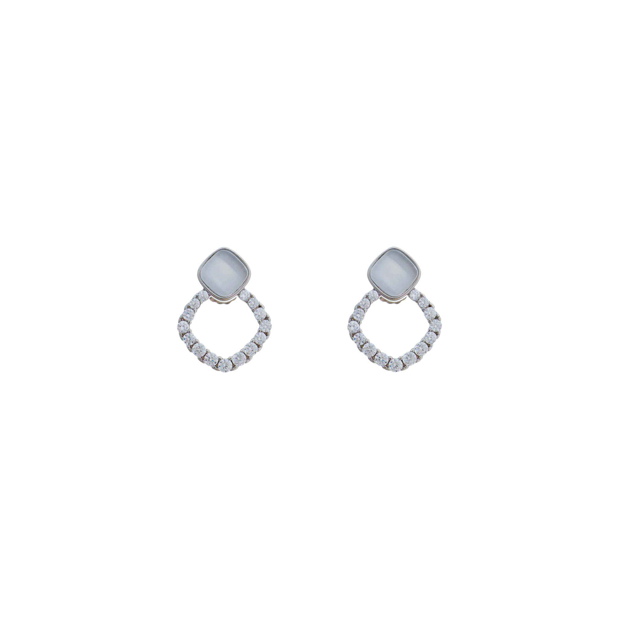 A silver box chain necklace displaying a cushion-cut opalescent cabochon pendant framed by a sparkling diamond-shaped cubic zirconia halo.