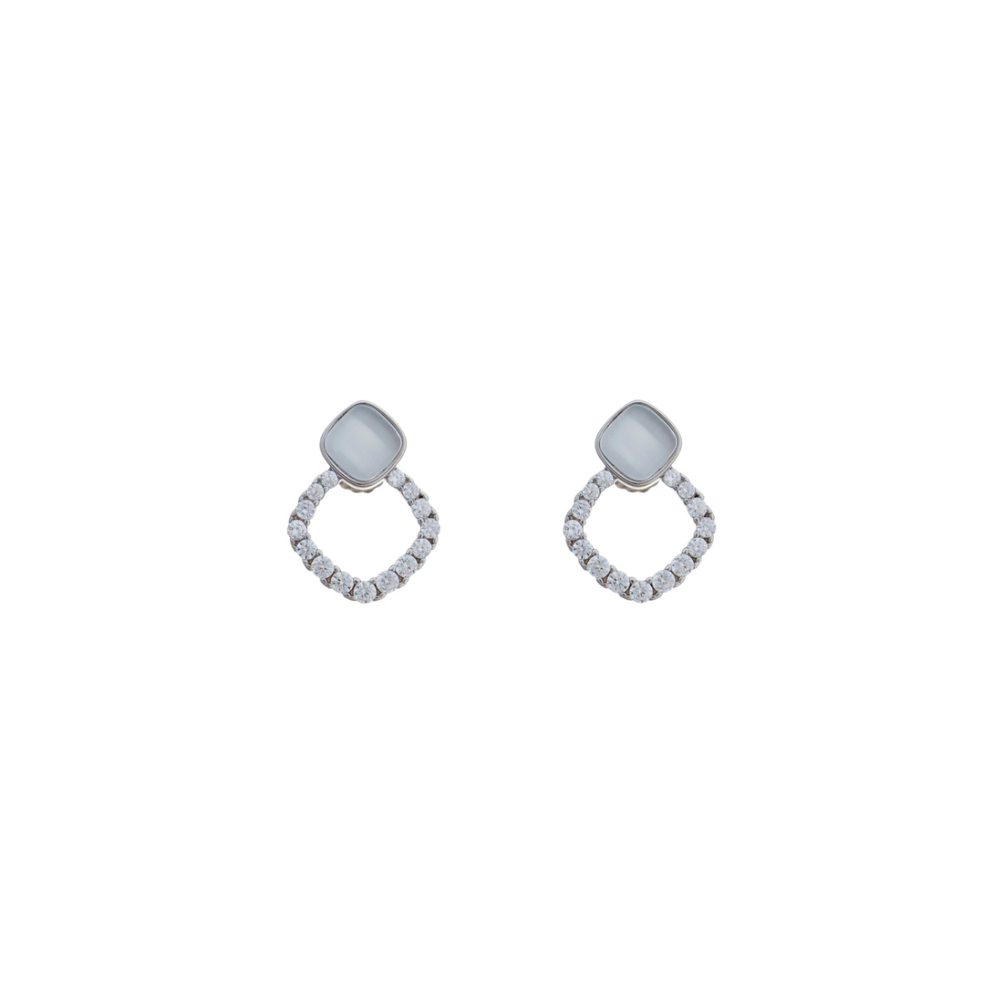 A silver box chain necklace displaying a cushion-cut opalescent cabochon pendant framed by a sparkling diamond-shaped cubic zirconia halo.