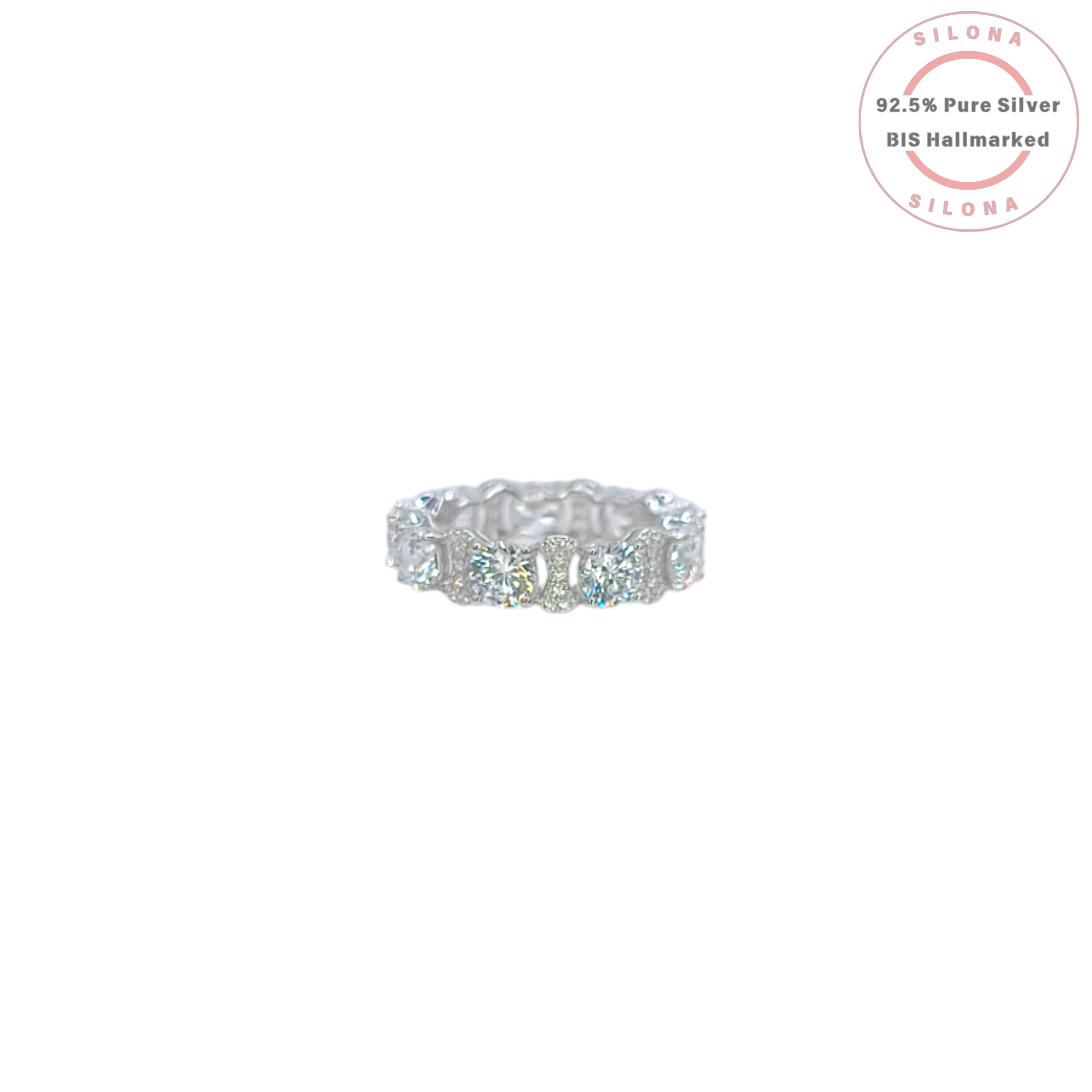 A classic eternity band ring crafted in 92.5 silver, featuring a continuous circle of brilliant round-cut cubic zirconia stones on a white background.