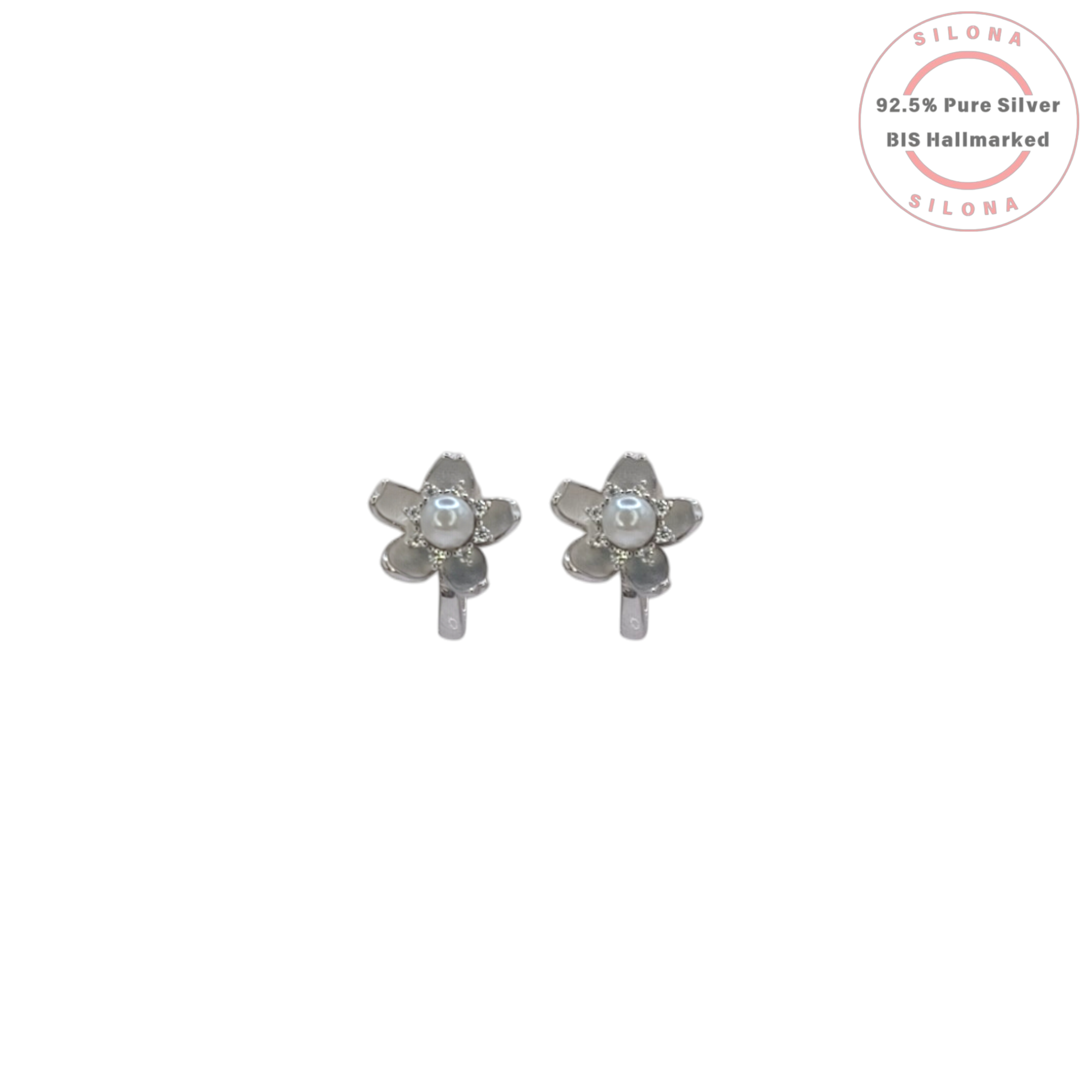 A pair of Petite Pearl Blossom Huggie Earrings in 92.5 silver, featuring a five-petal flower design with a central pearl and cubic zirconia accents, on a white background.
