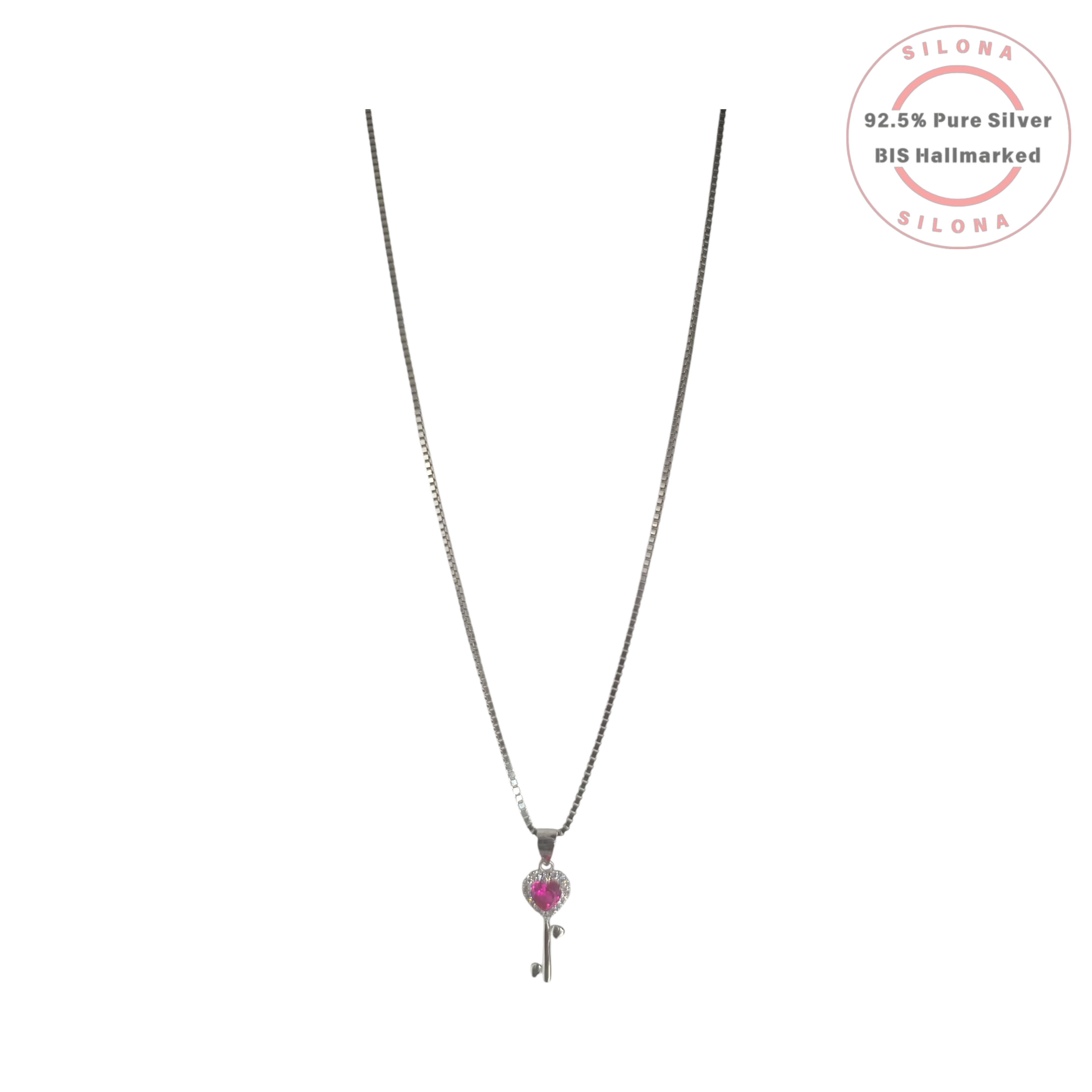 Silona's Ruby-Hued Heart Key Necklace in 92.5 silver, featuring a heart-shaped ruby-colored stone pendant on a box chain.