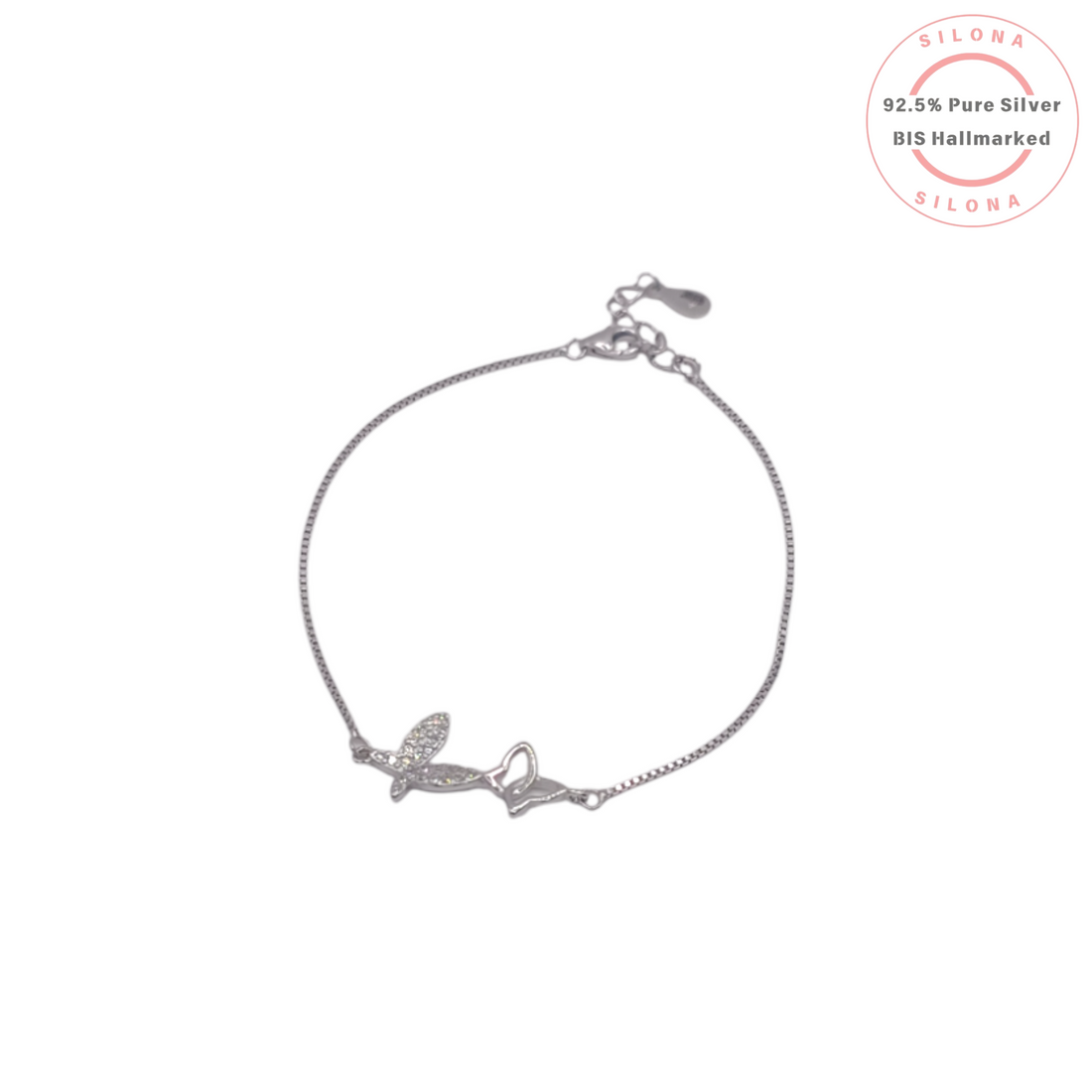 Silona Dainty Butterfly Bracelet in 92.5 Sterling Silver featuring a pave cubic zirconia butterfly and a polished butterfly outline on a delicate box chain.