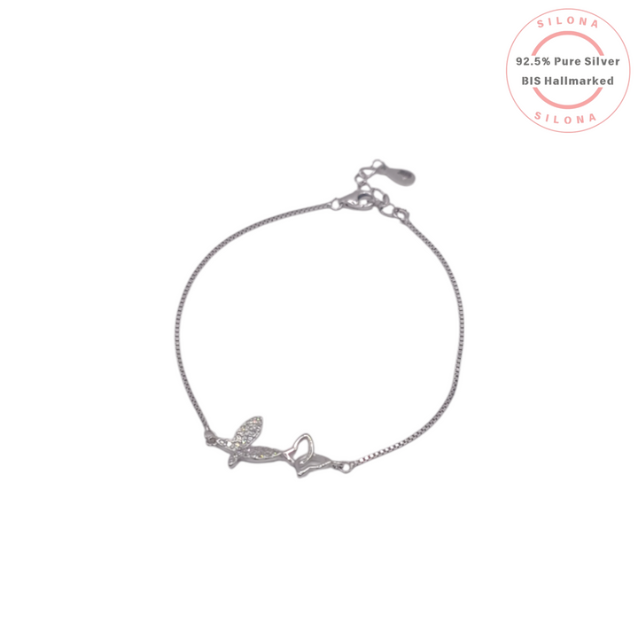 Silona Dainty Butterfly Bracelet in 92.5 Sterling Silver featuring a pave cubic zirconia butterfly and a polished butterfly outline on a delicate box chain.