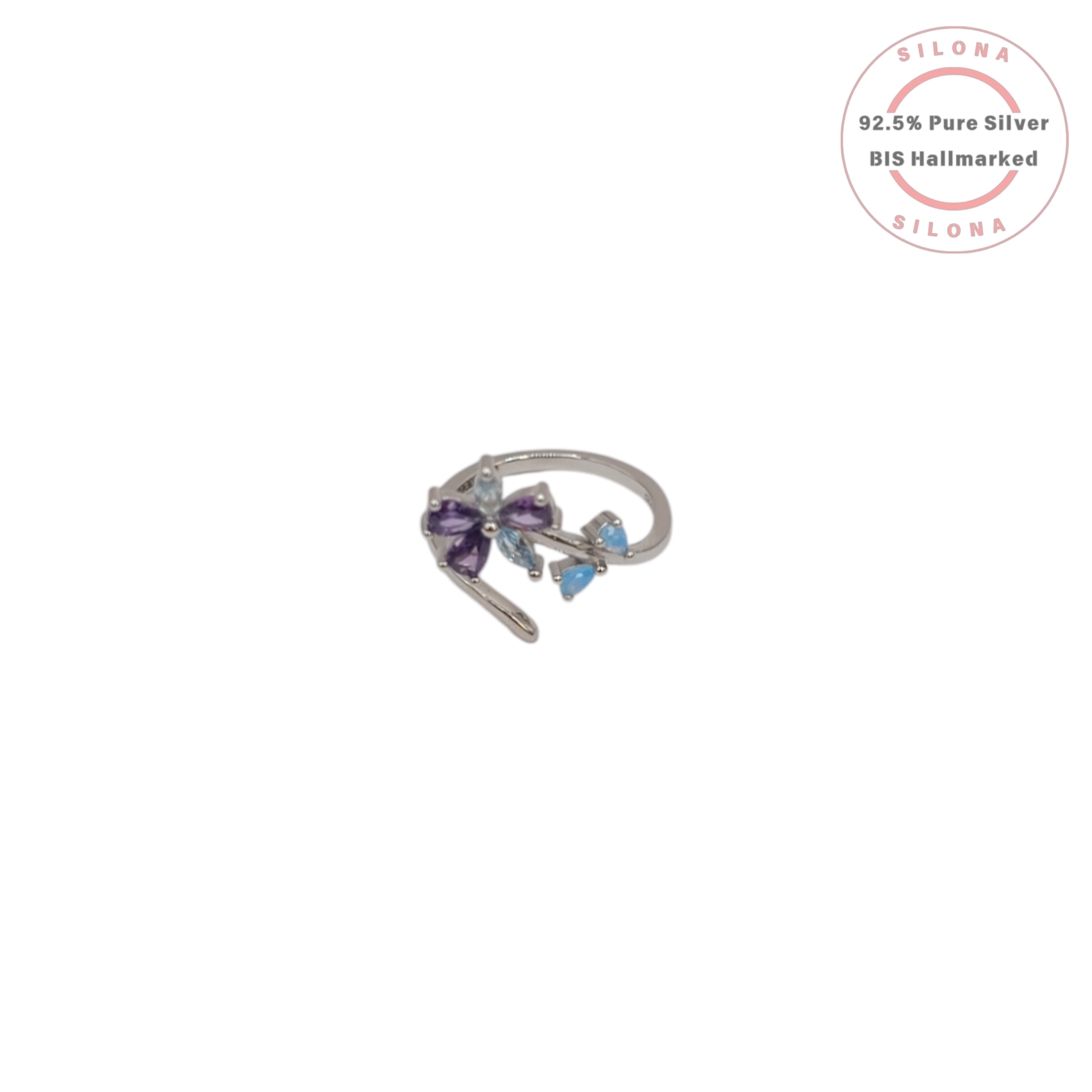Silona's Whimsical Amethyst Hue Butterfly Vine Ring in 92.5 sterling silver, on a white background.