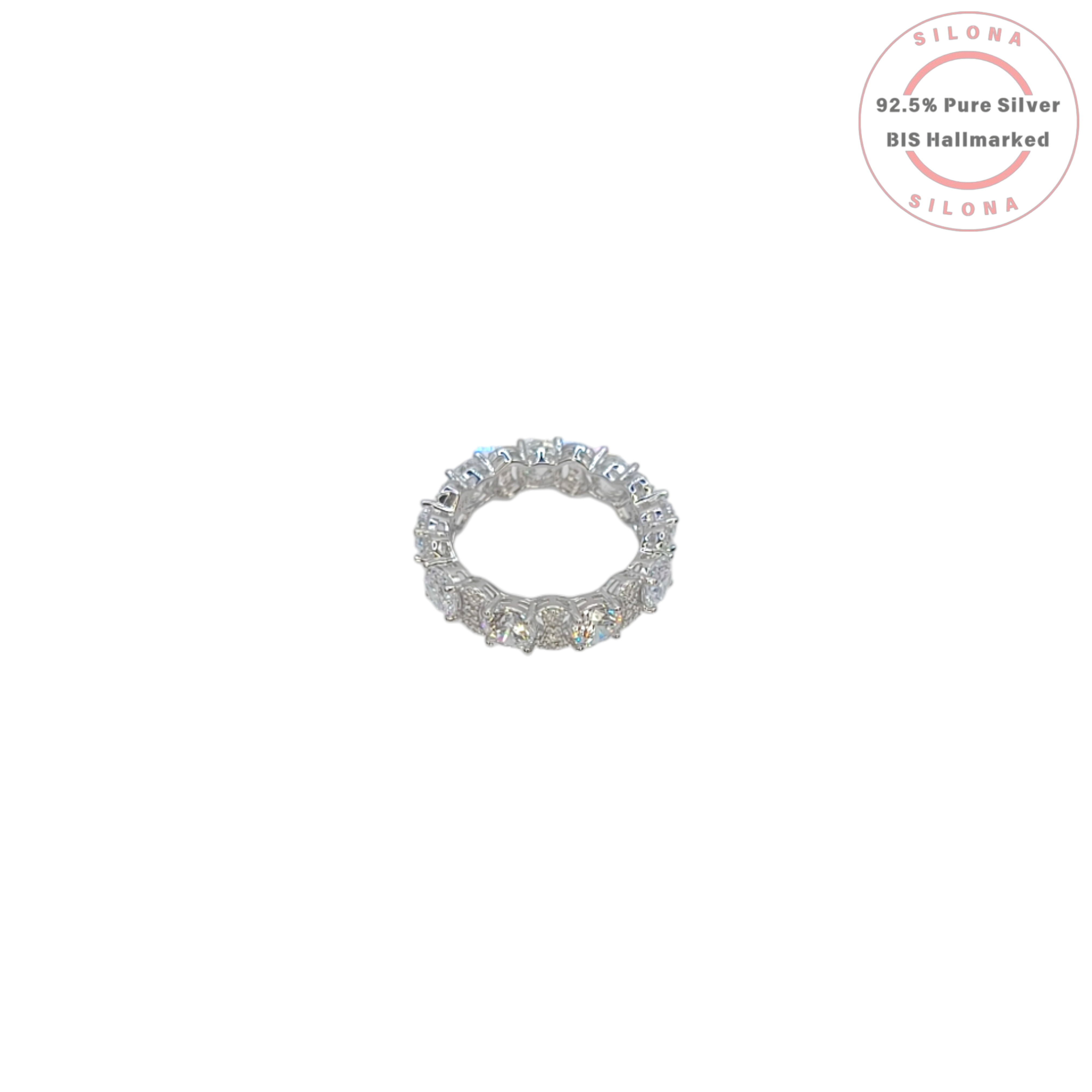 A classic eternity band ring crafted in 92.5 silver, featuring a continuous circle of brilliant round-cut cubic zirconia stones on a white background.