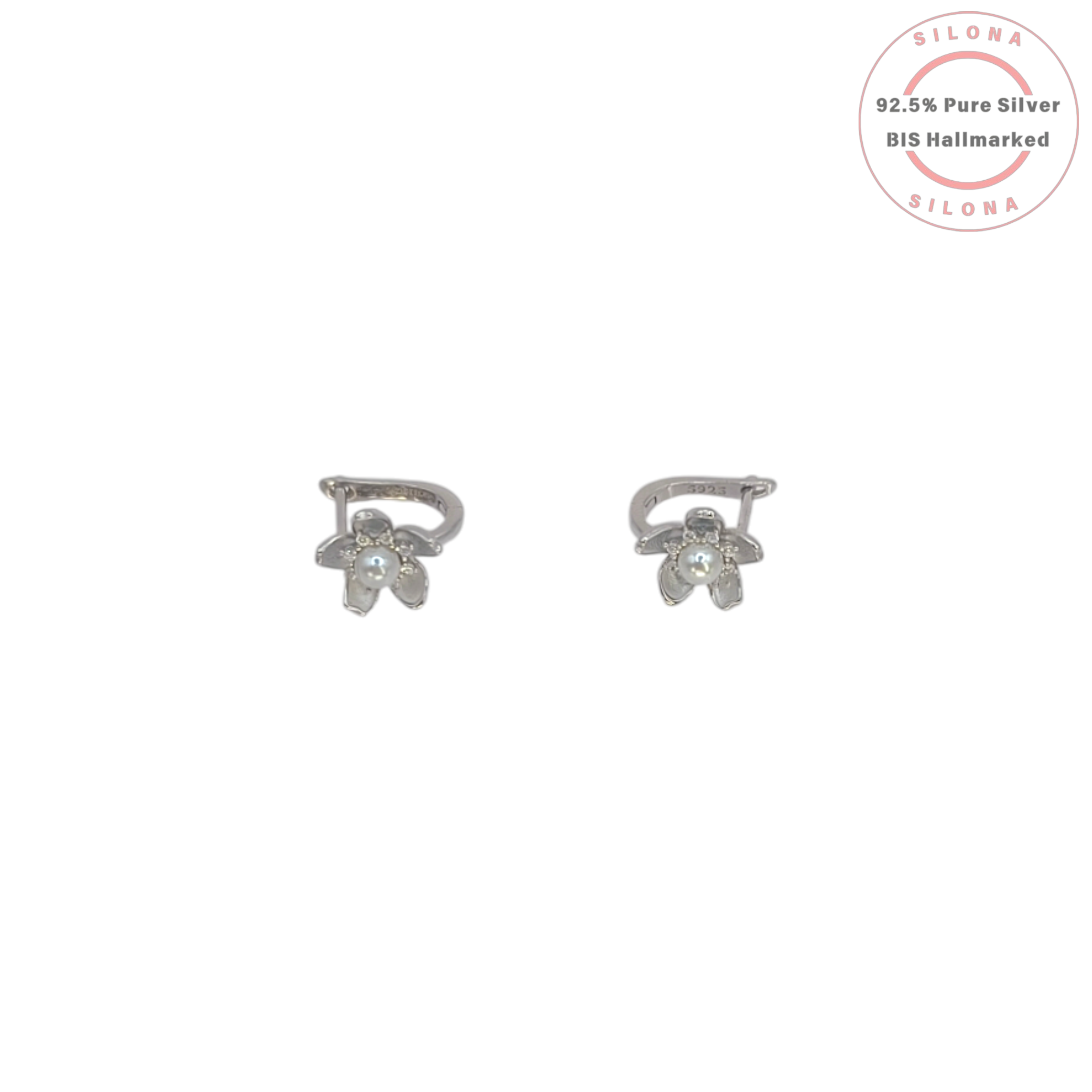 A pair of Petite Pearl Blossom Huggie Earrings in 92.5 silver, featuring a five-petal flower design with a central pearl and cubic zirconia accents, on a white background.