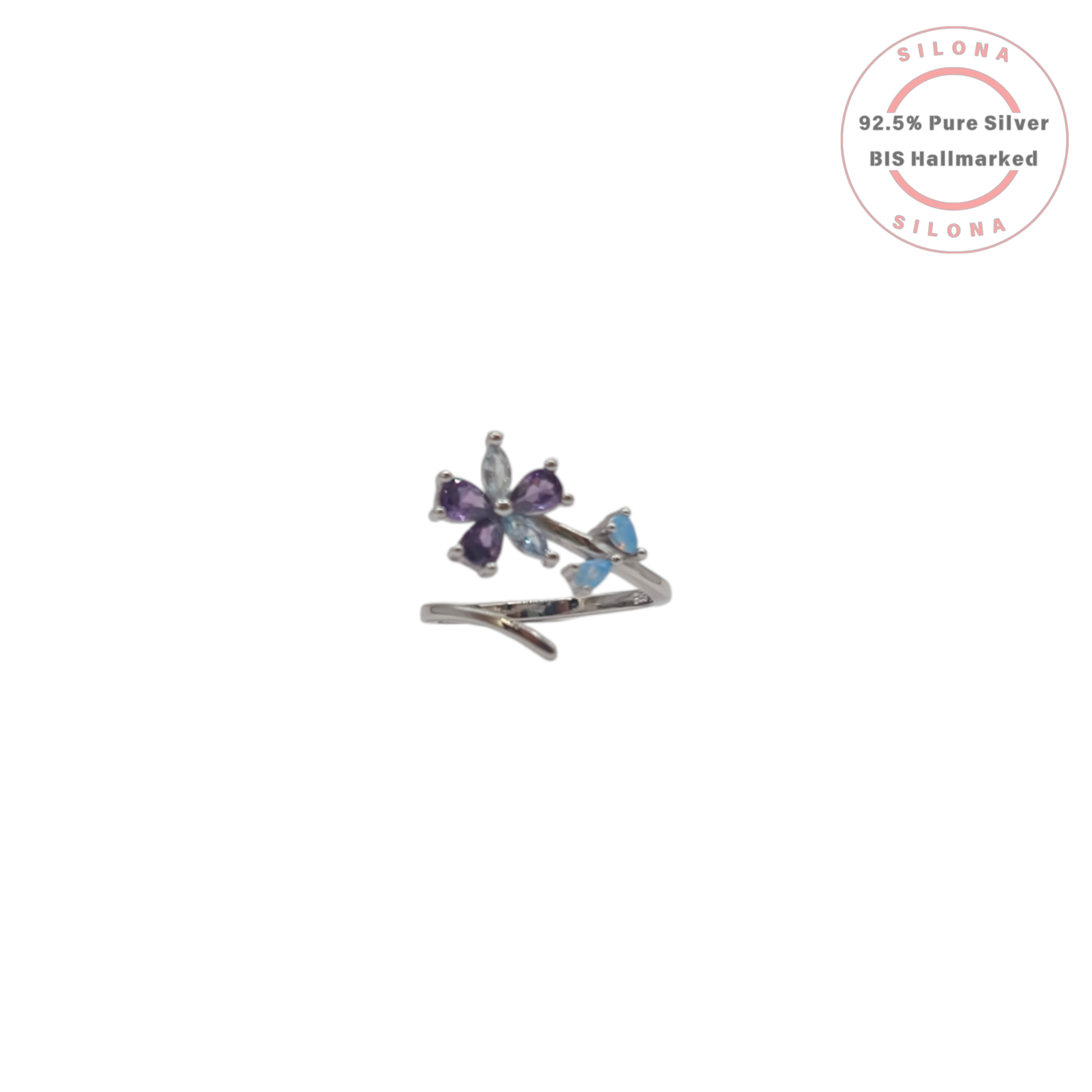 Silona's Whimsical Amethyst Hue Butterfly Vine Ring in 92.5 sterling silver, on a white background.
