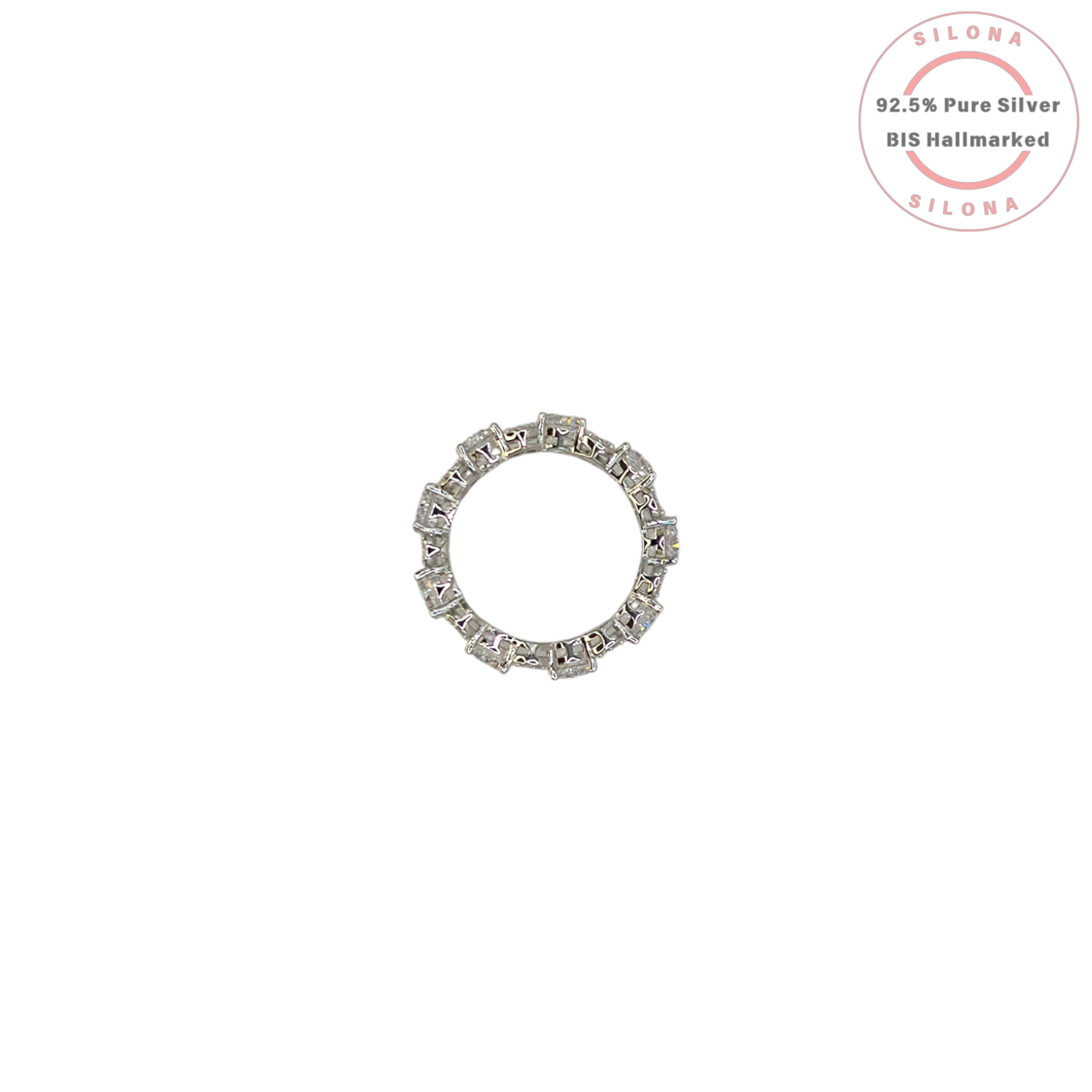 A classic eternity band ring crafted in 92.5 silver, featuring a continuous circle of brilliant round-cut cubic zirconia stones on a white background.