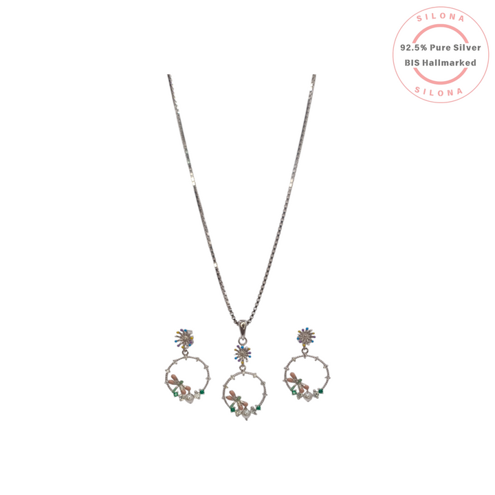 Silona Dragonfly & Pearl Necklace and Earring Set in 92.5 Silver, featuring peach and green stones on circular hoops.