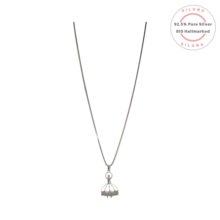 Silona Graceful Ballerina Necklace in 92.5 silver with a mother of pearl inlay, on a box chain against a white background.