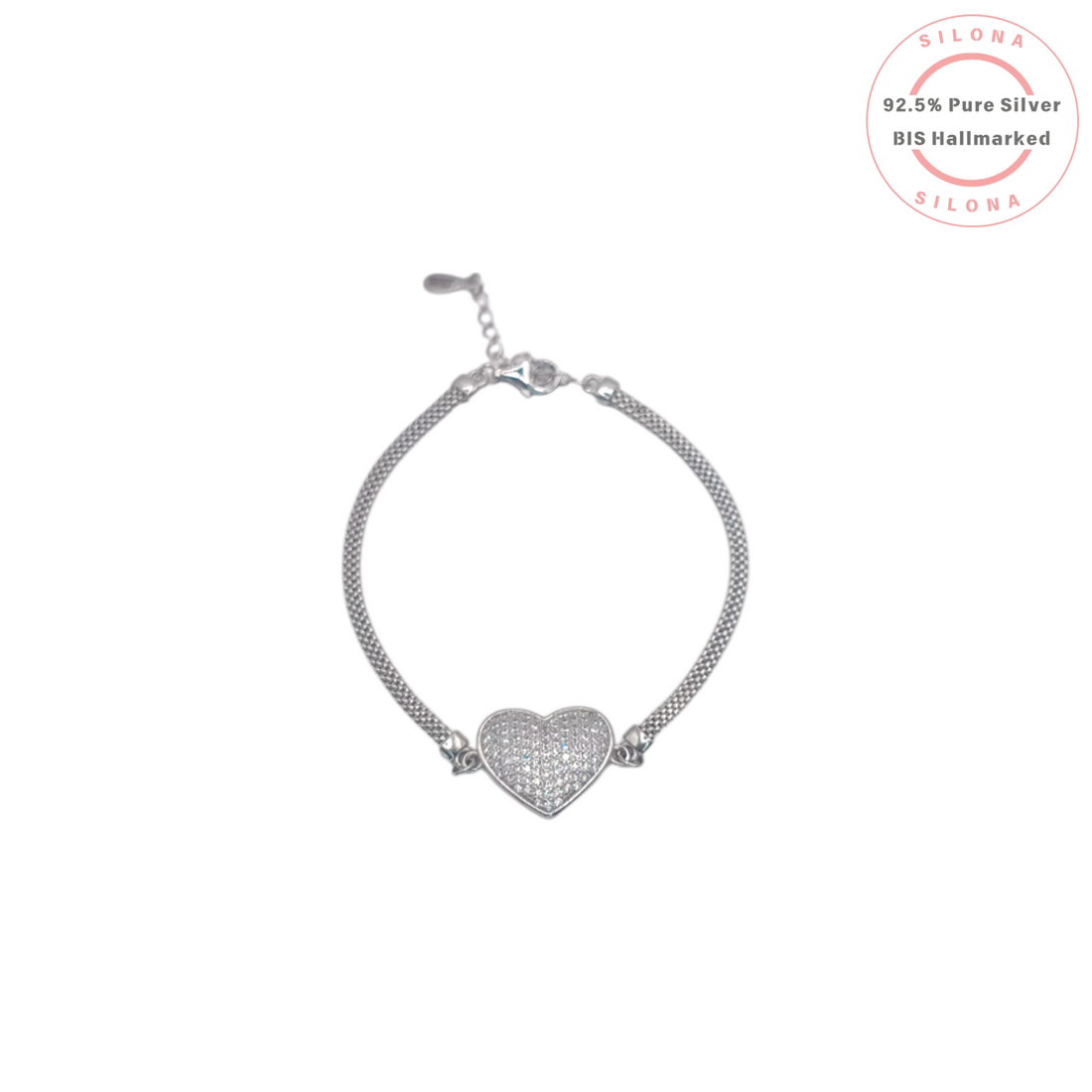 Silona Pave Cubic Zirconia Heart Bracelet in 92.5 Silver with a mesh chain on a white background.