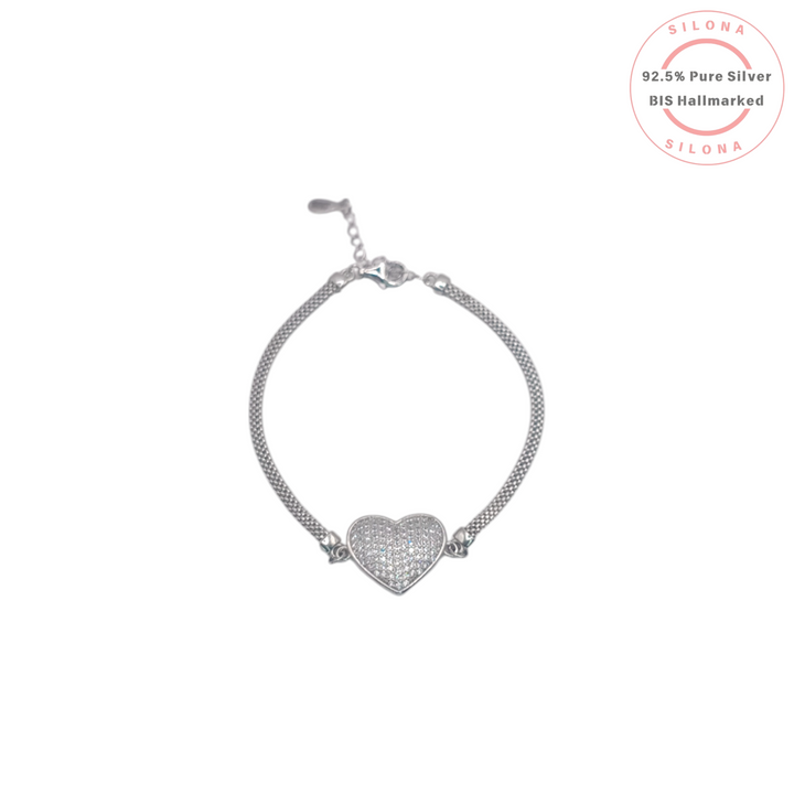 Silona Pave Cubic Zirconia Heart Bracelet in 92.5 Silver with a mesh chain on a white background.