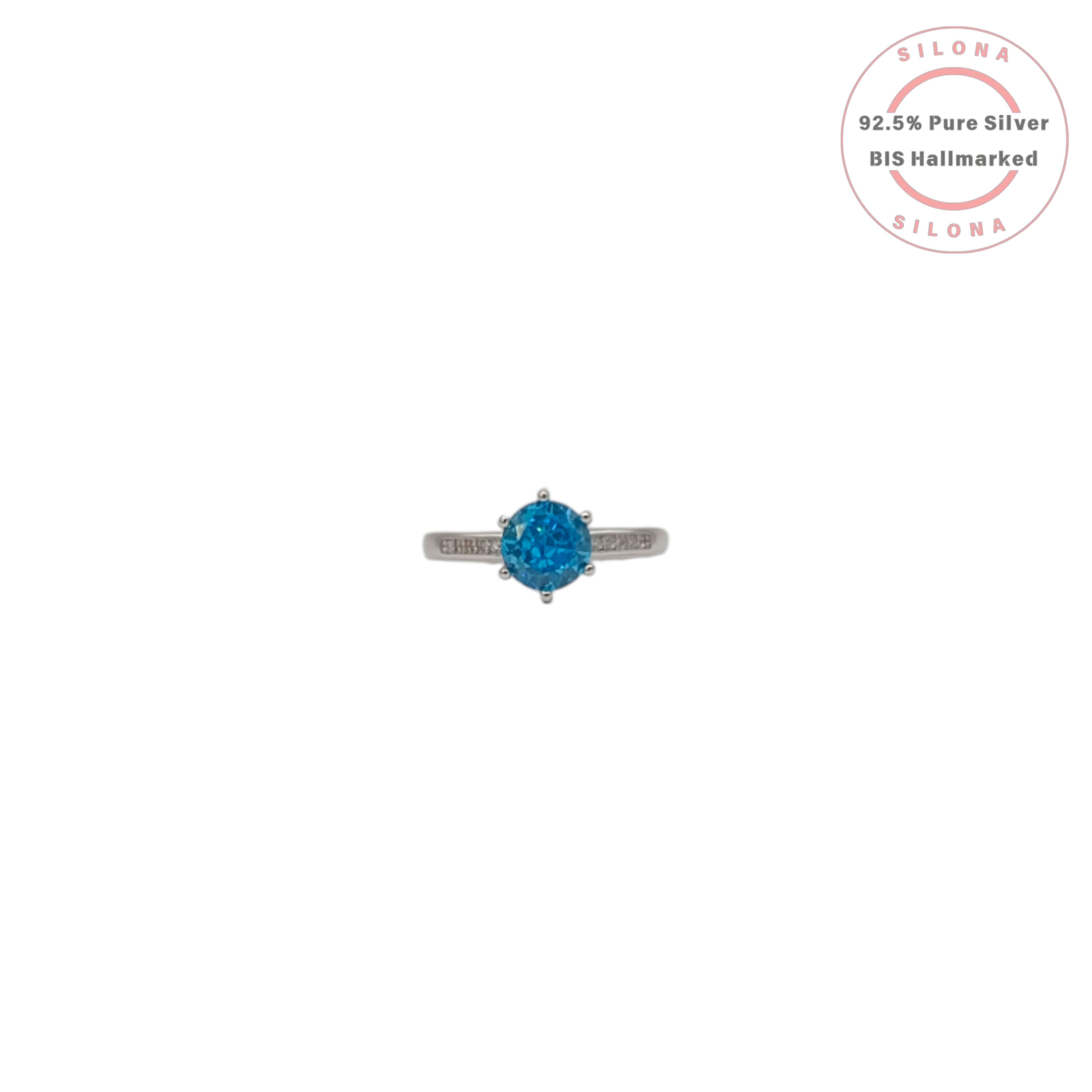 Adjustable solitaire ring in 92.5 silver with a central hexagonal-cut Swiss blue stone and pavé accents on the band.