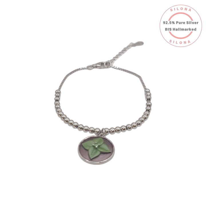 925 Silver Beaded Bracelet with Enamel Leaf Charm | Floral Bracelet | BIS Hallmarked | Silona