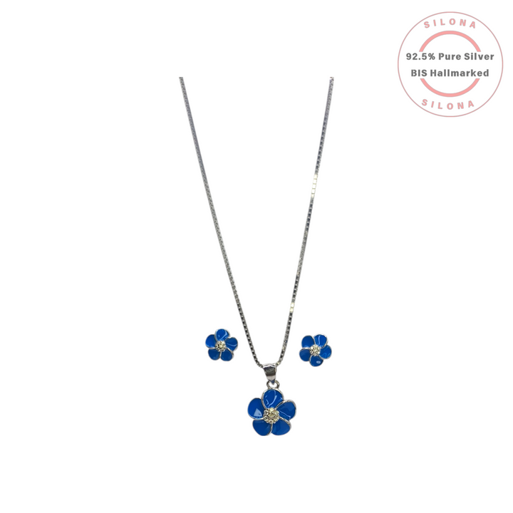 Silona Blue Enamel Flower Necklace and Earring Set in 92.5 Silver on a white background.