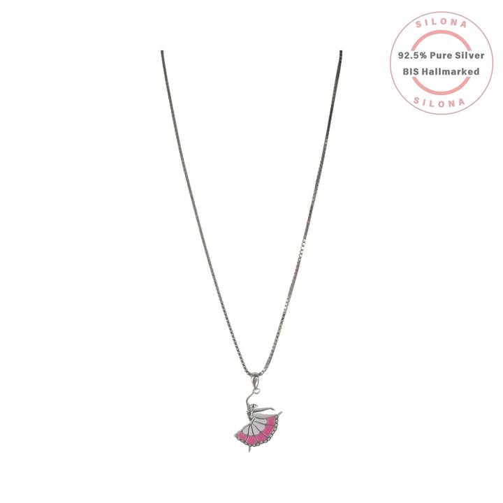 Silona Enamel Ballerina Necklace featuring a silver dancer pendant with a pink and white enamel tutu, on a silver box chain, against a white background.