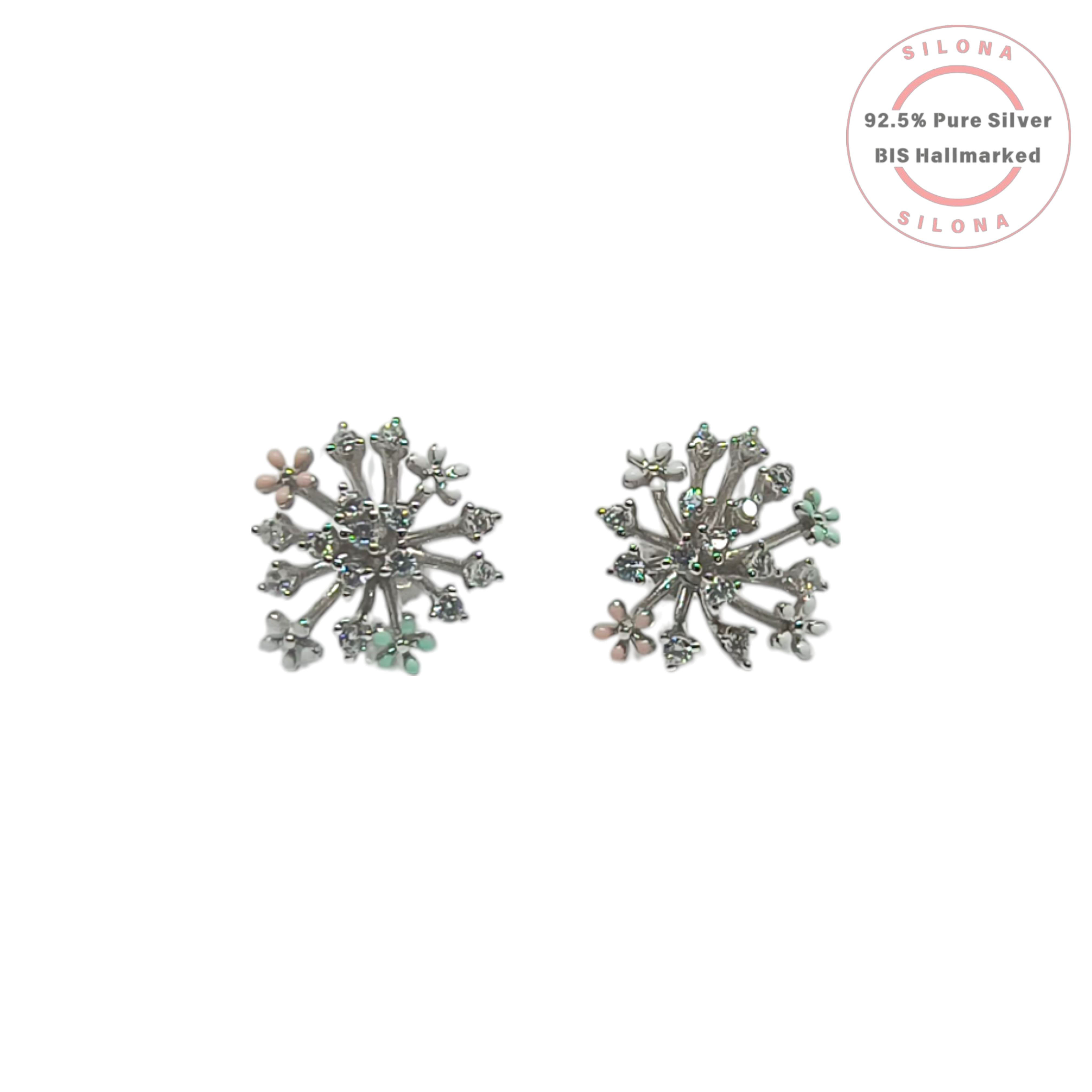 Pair of Silona Pastel Floral Snowflake Stud Earrings in 92.5 silver with pink and green enamel and cubic zirconia.