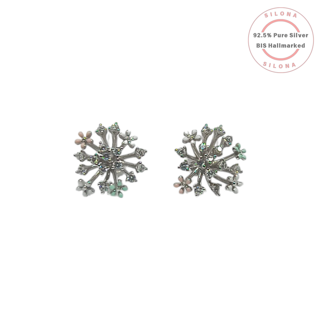 Pair of Silona Pastel Floral Snowflake Stud Earrings in 92.5 silver with pink and green enamel and cubic zirconia.