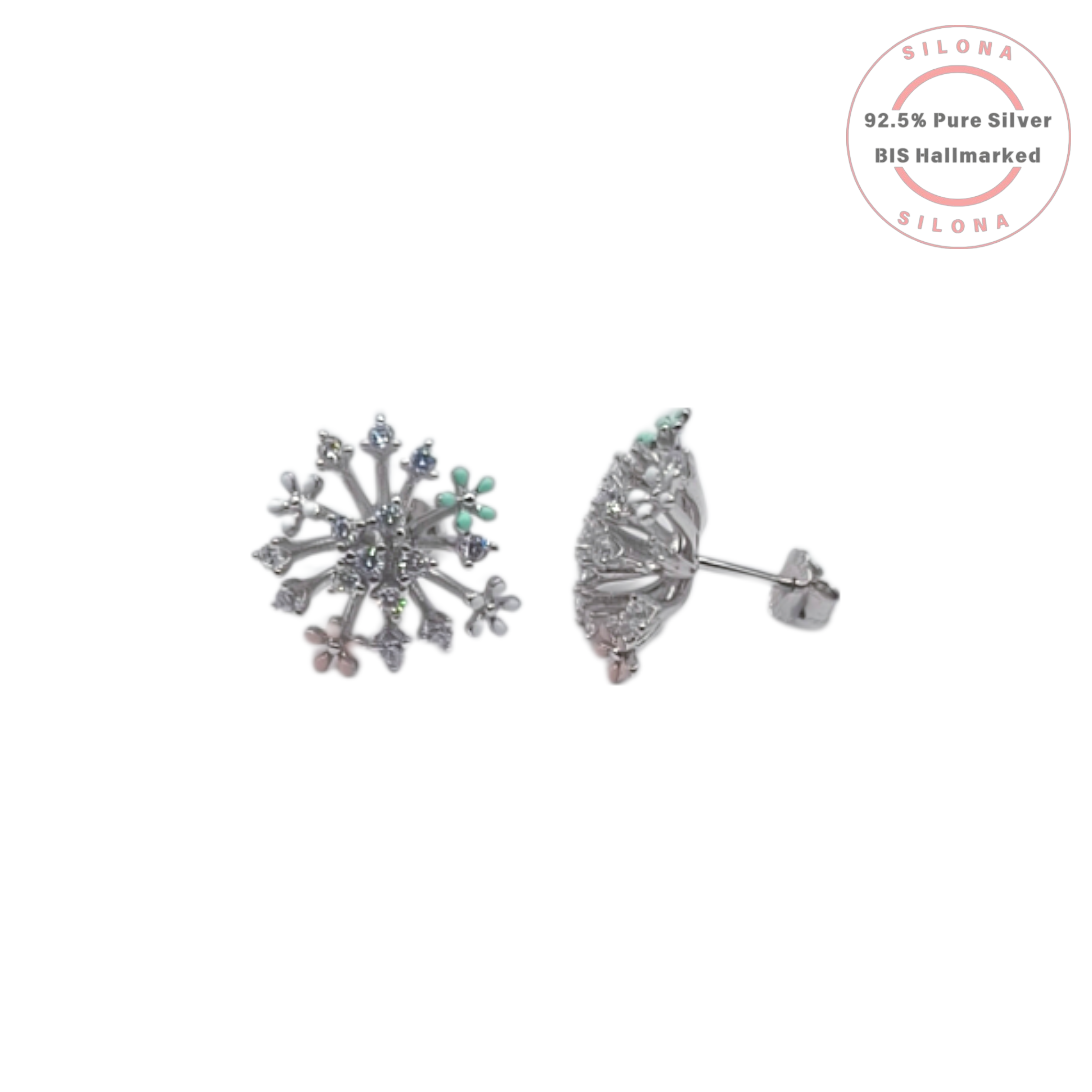 Pair of Silona Pastel Floral Snowflake Stud Earrings in 92.5 silver with pink and green enamel and cubic zirconia.
