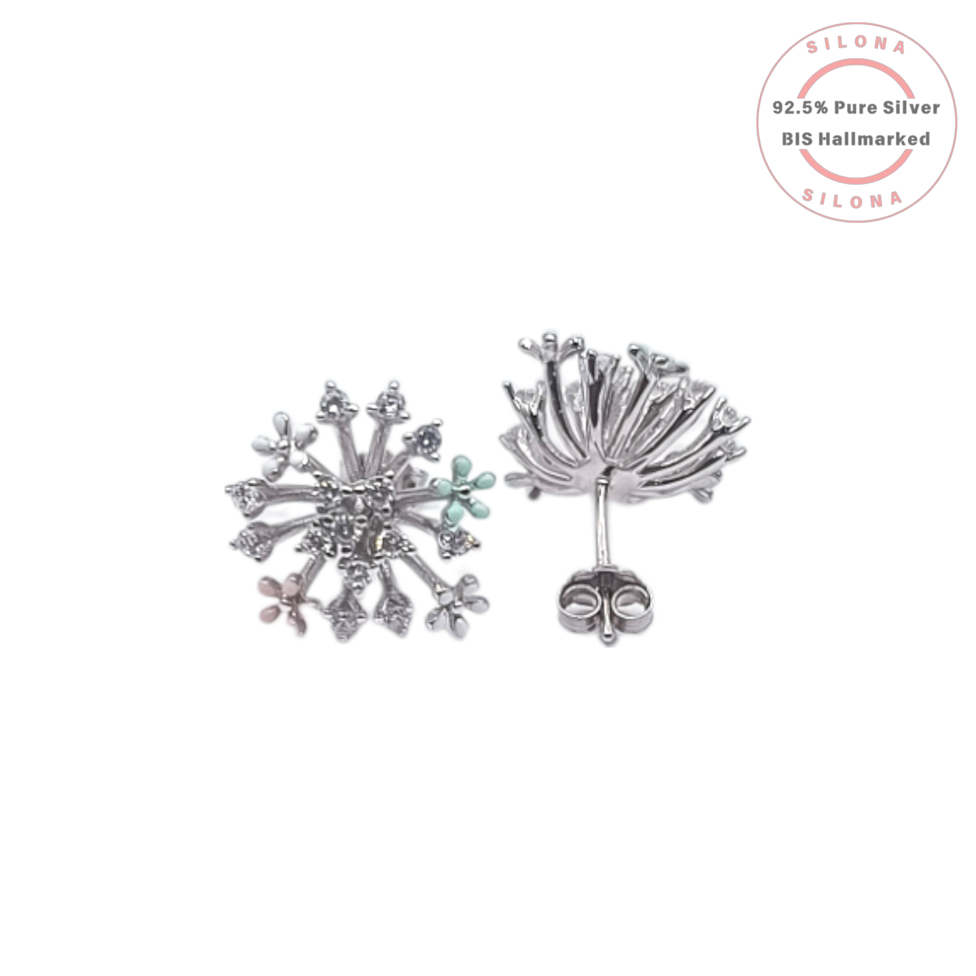 Pair of Silona Pastel Floral Snowflake Stud Earrings in 92.5 silver with pink and green enamel and cubic zirconia.