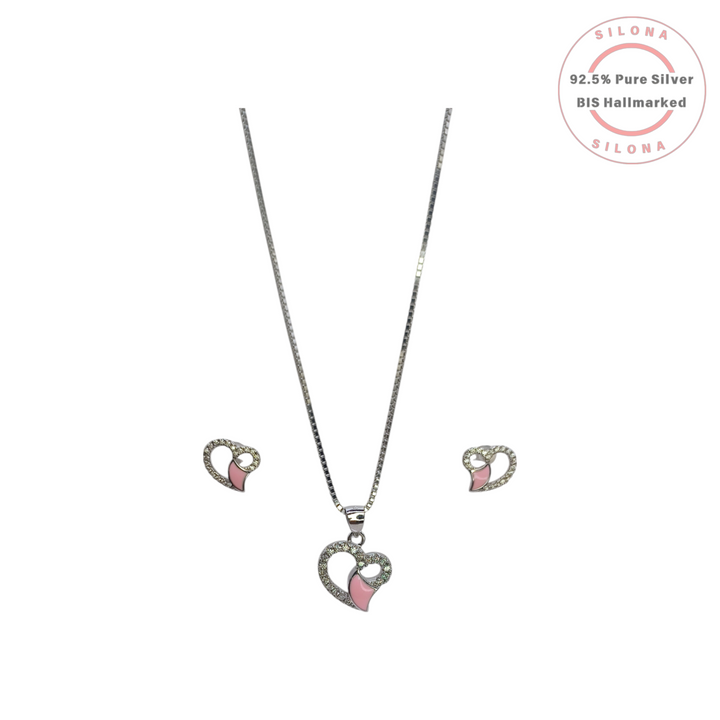 Silona Pink Enamel and Cubic Zirconia Heart Pendant Necklace with matching Stud Earrings in 92.5 Silver.