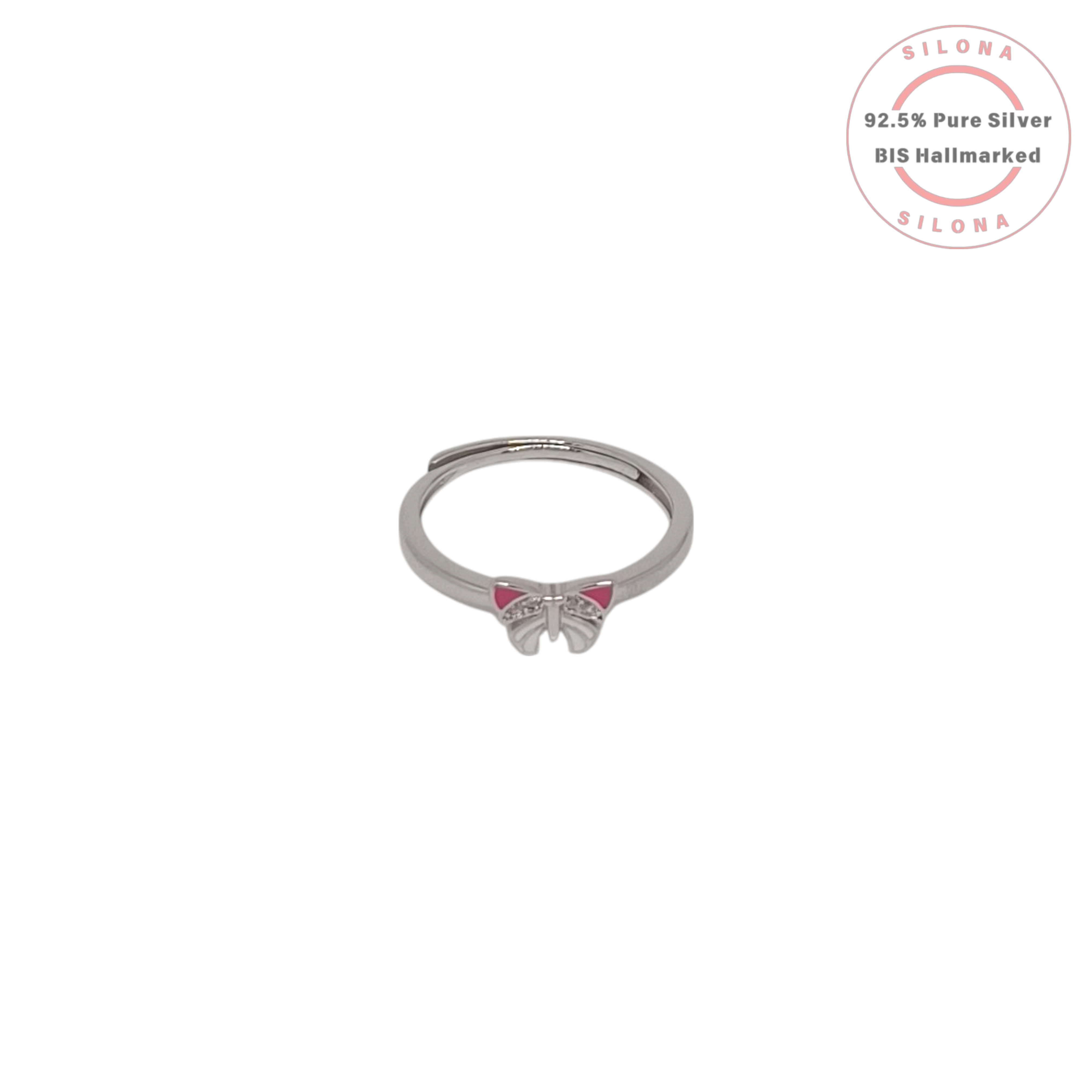 A silver adjustable ring featuring a small butterfly motif with pink enamel wings and tiny cubic zirconia stones, shot on a white background.