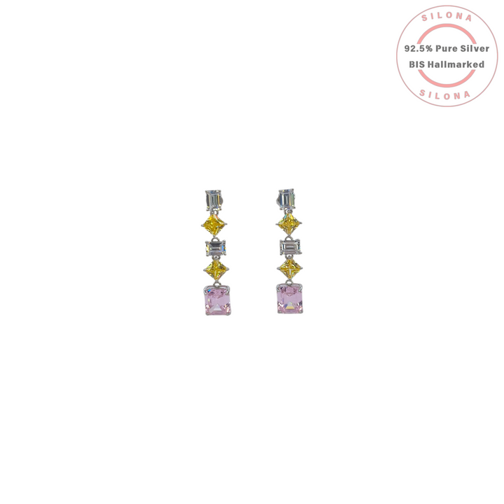 Silona Pastel Radiance Linear Drop Earrings in 92.5 Silver, featuring yellow, pink, and clear cubic zirconia stones on a white background.