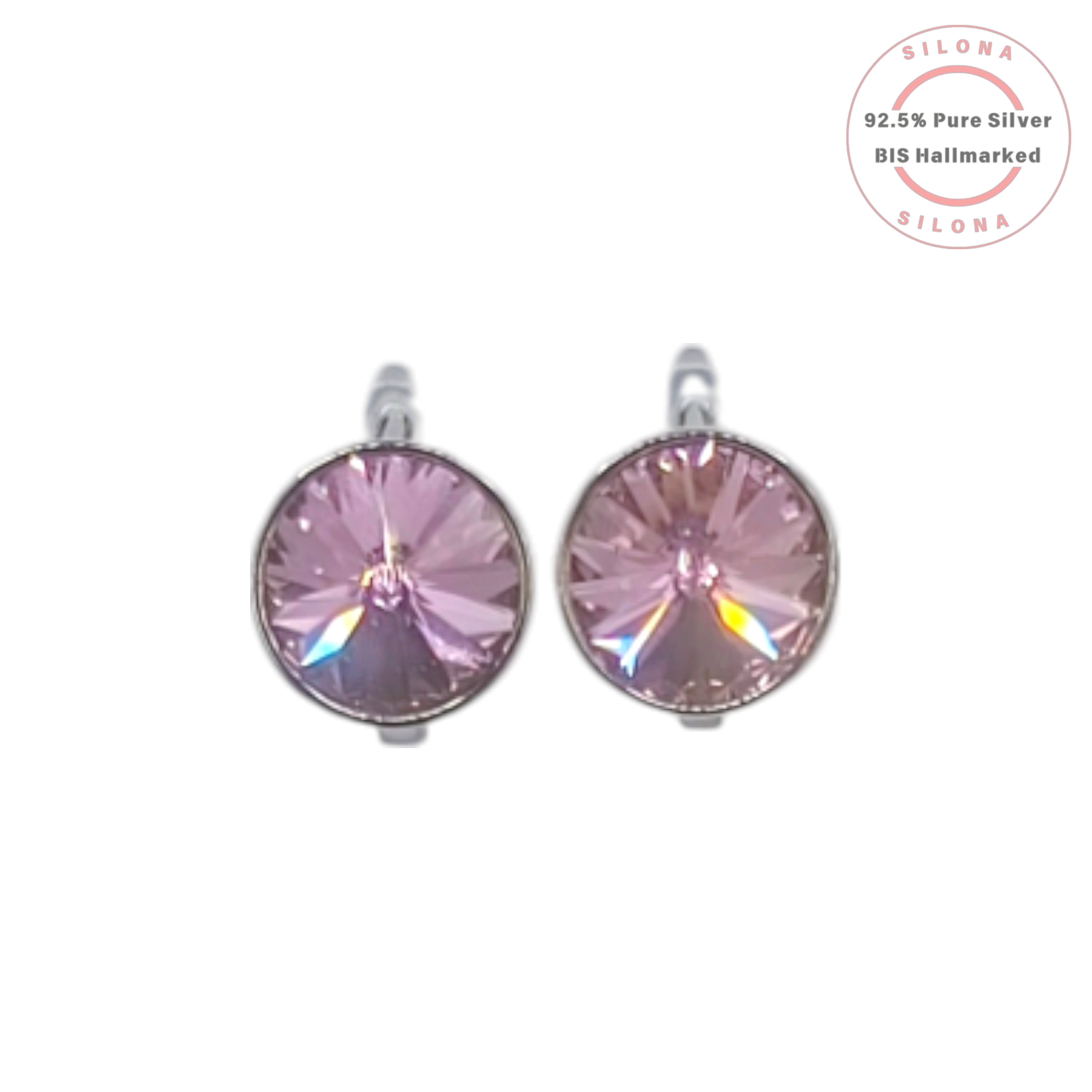 A pair of Silona Solitaire Antique Pink Crystal Earrings with lever-back closures, crafted from 92.5 sterling silver.