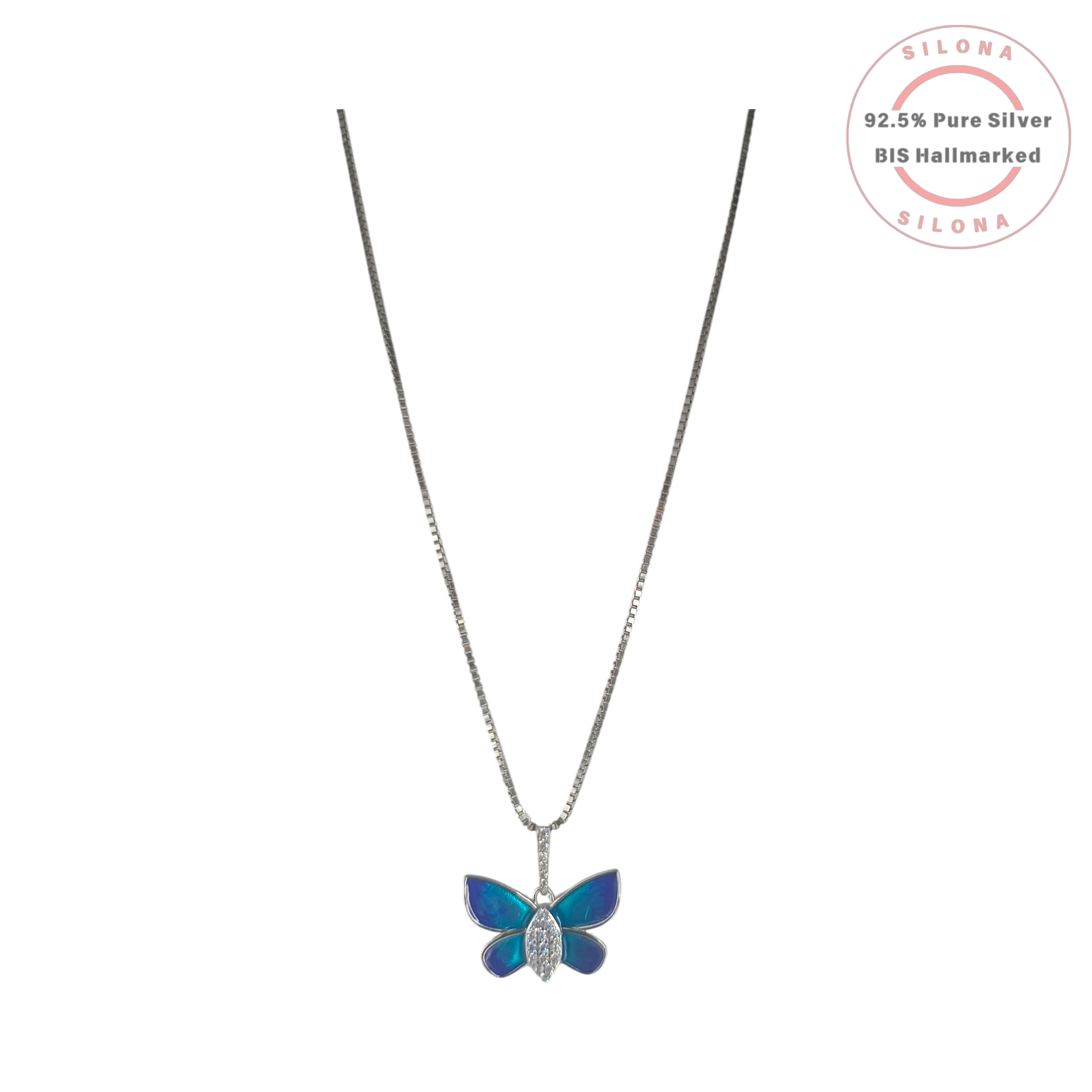 Silona's Azure Enamel Butterfly Necklace with a Cubic Zirconia body, crafted in 92.5 silver and hanging from a box chain on a white background.