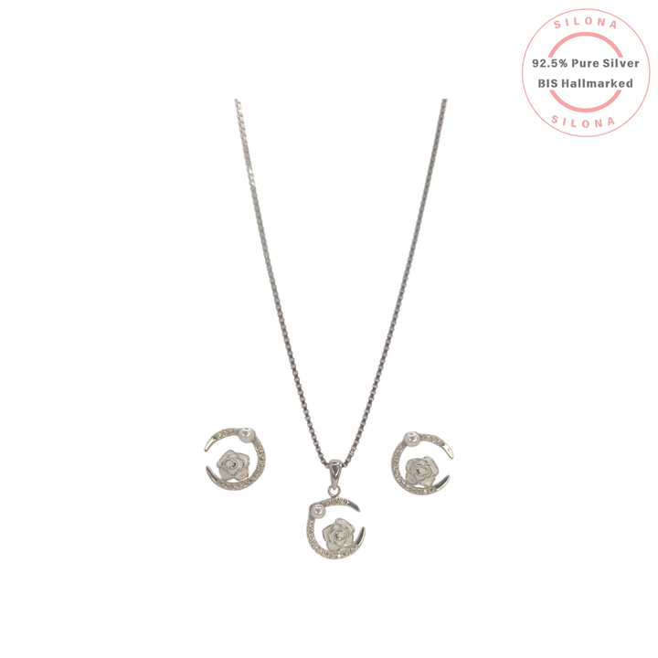 Silona Crescent Rose and Pearl Necklace and Earring Set in 92.5 sterling silver on a white background.