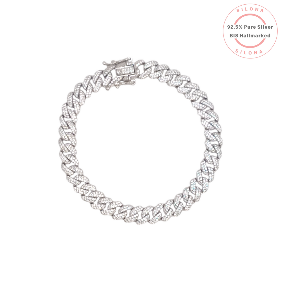 Silona's Iced Out Cuban Link Bracelet, crafted from 92.5 silver and fully pavé-set with brilliant cubic zirconia, shot on a white background.