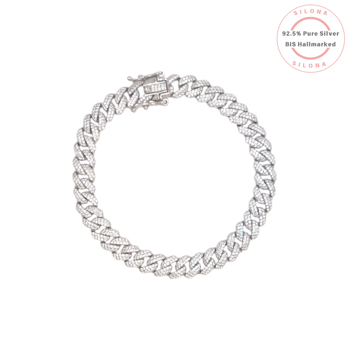 Silona's Iced Out Cuban Link Bracelet, crafted from 92.5 silver and fully pavé-set with brilliant cubic zirconia, shot on a white background.