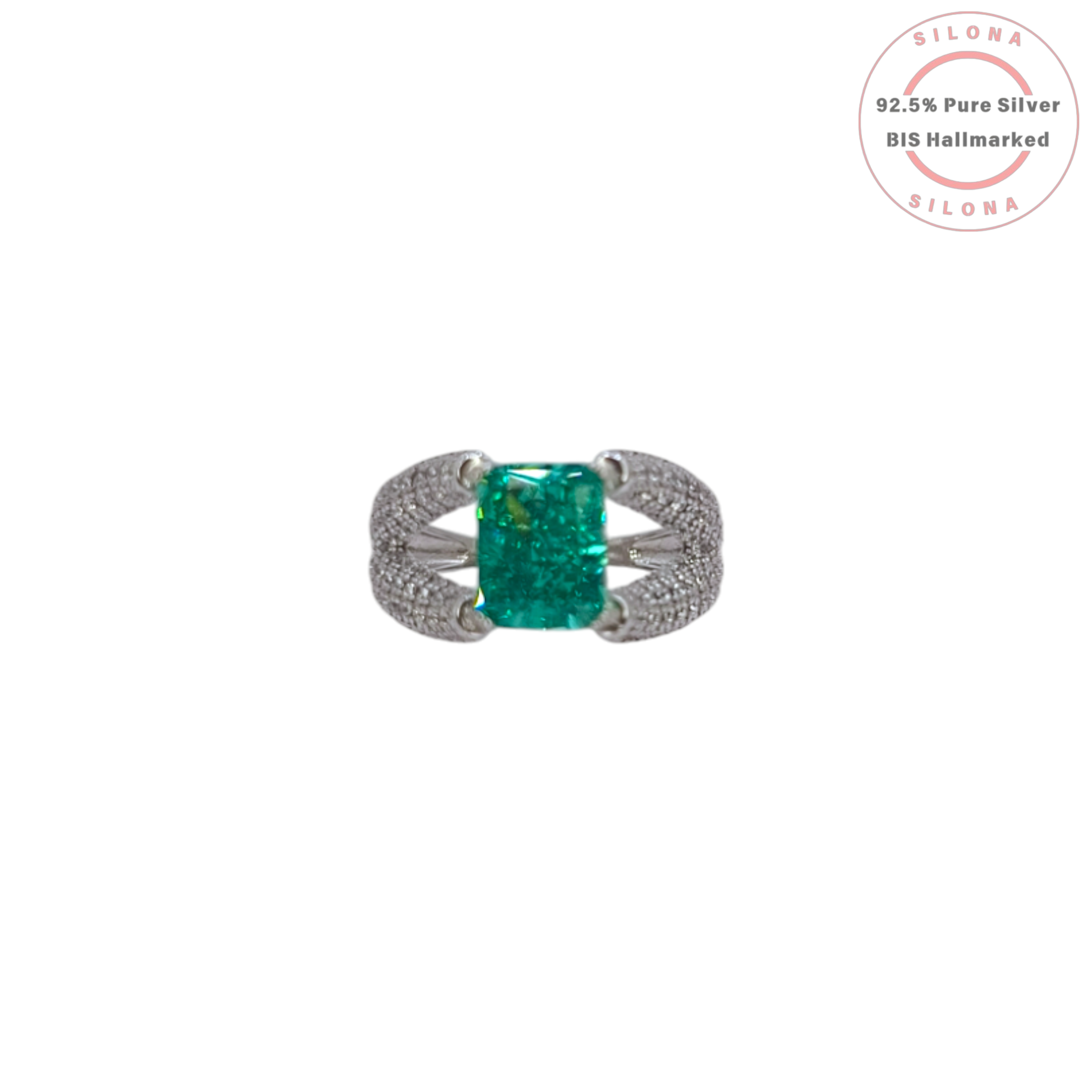 Silona Statement Emerald-Hued Pave Ring with a split shank design, crafted in 92.5 sterling silver.