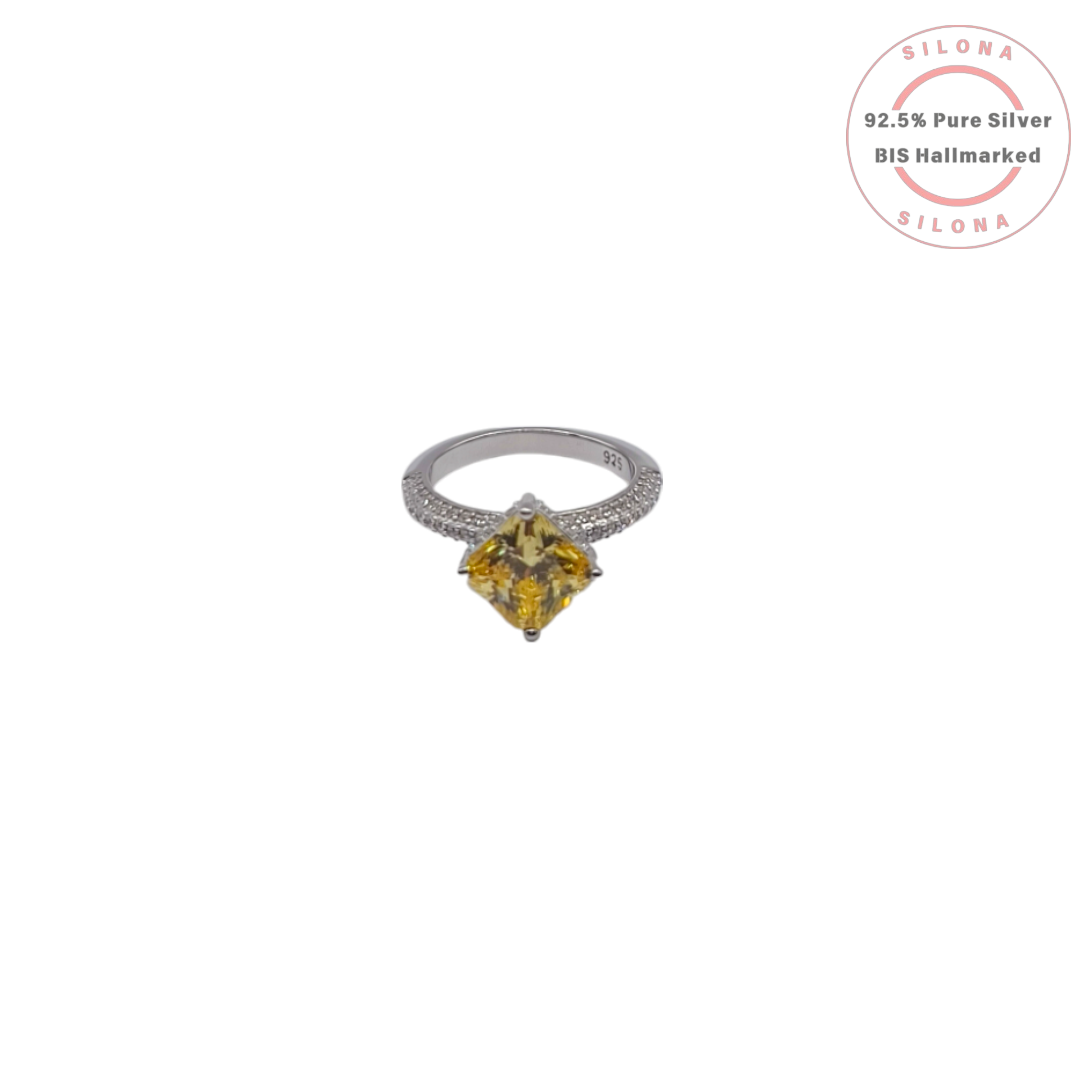 Front view of Silona's Canary Solitaire Pavé Silver Ring featuring a large cushion-cut yellow stone on a pavé band, crafted from 925 sterling silver.