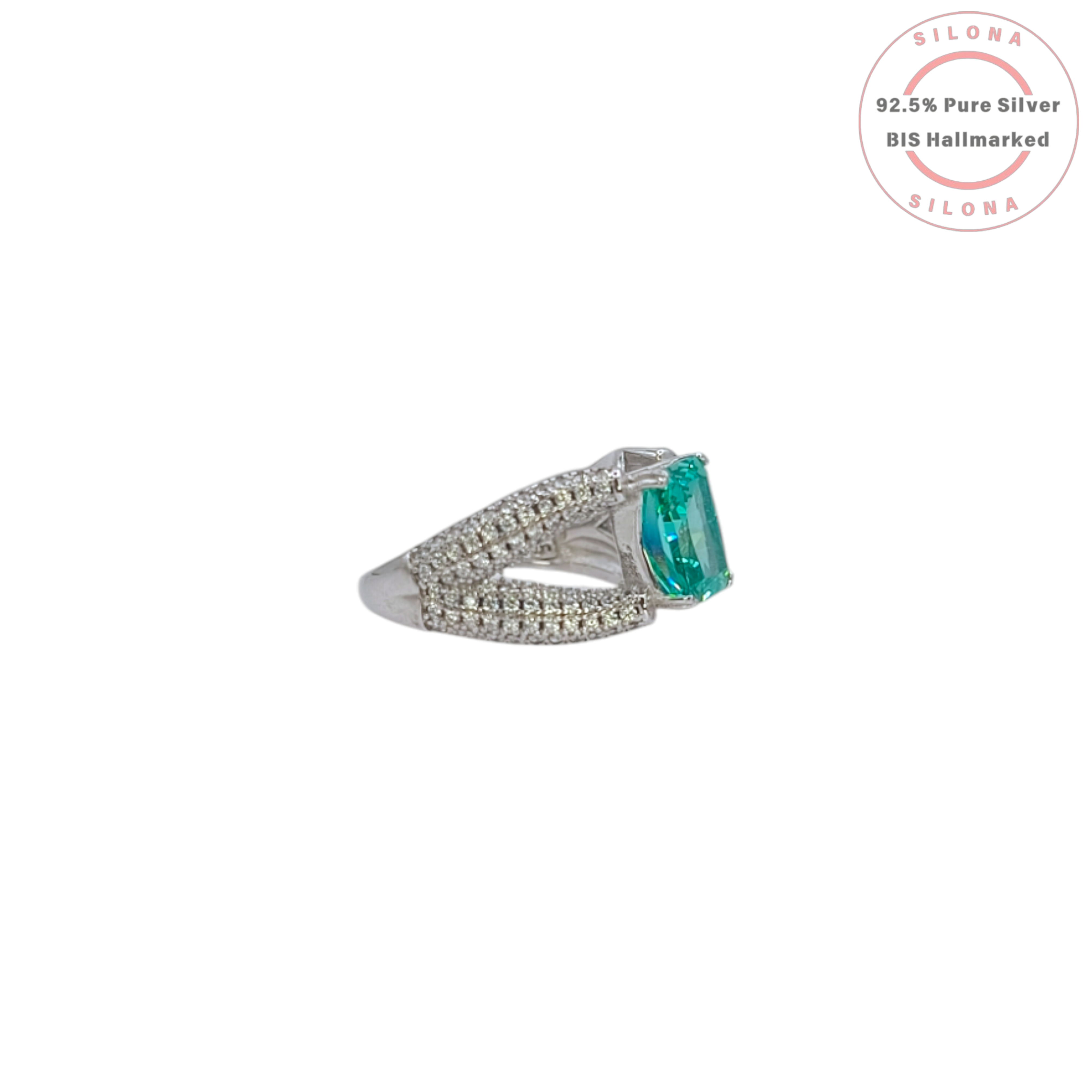 Silona Statement Emerald-Hued Pave Ring with a split shank design, crafted in 92.5 sterling silver.