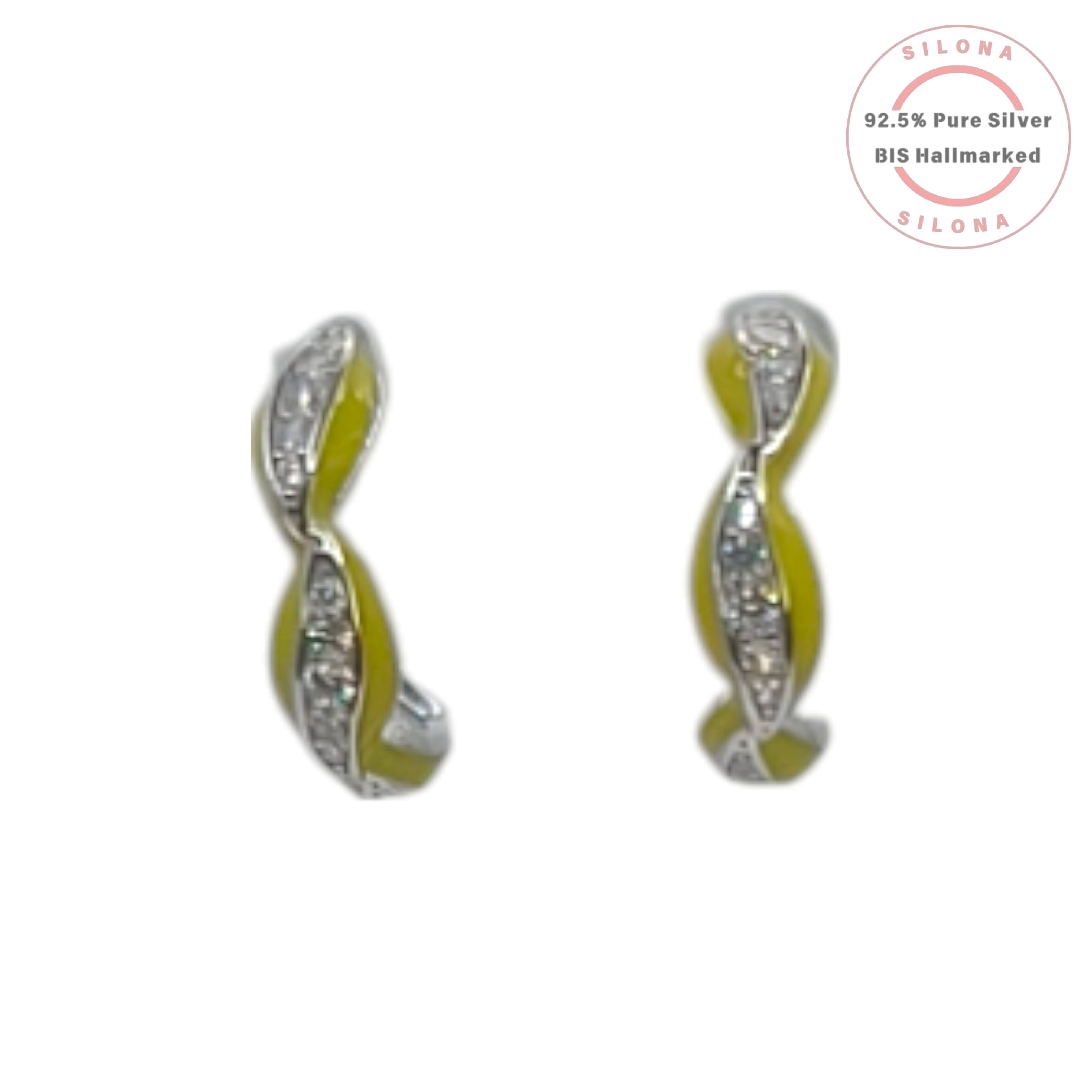 A pair of Silona silver twist huggie earrings with chartreuse green enamel and a pave-set line of cubic zirconia stones, on a white background.