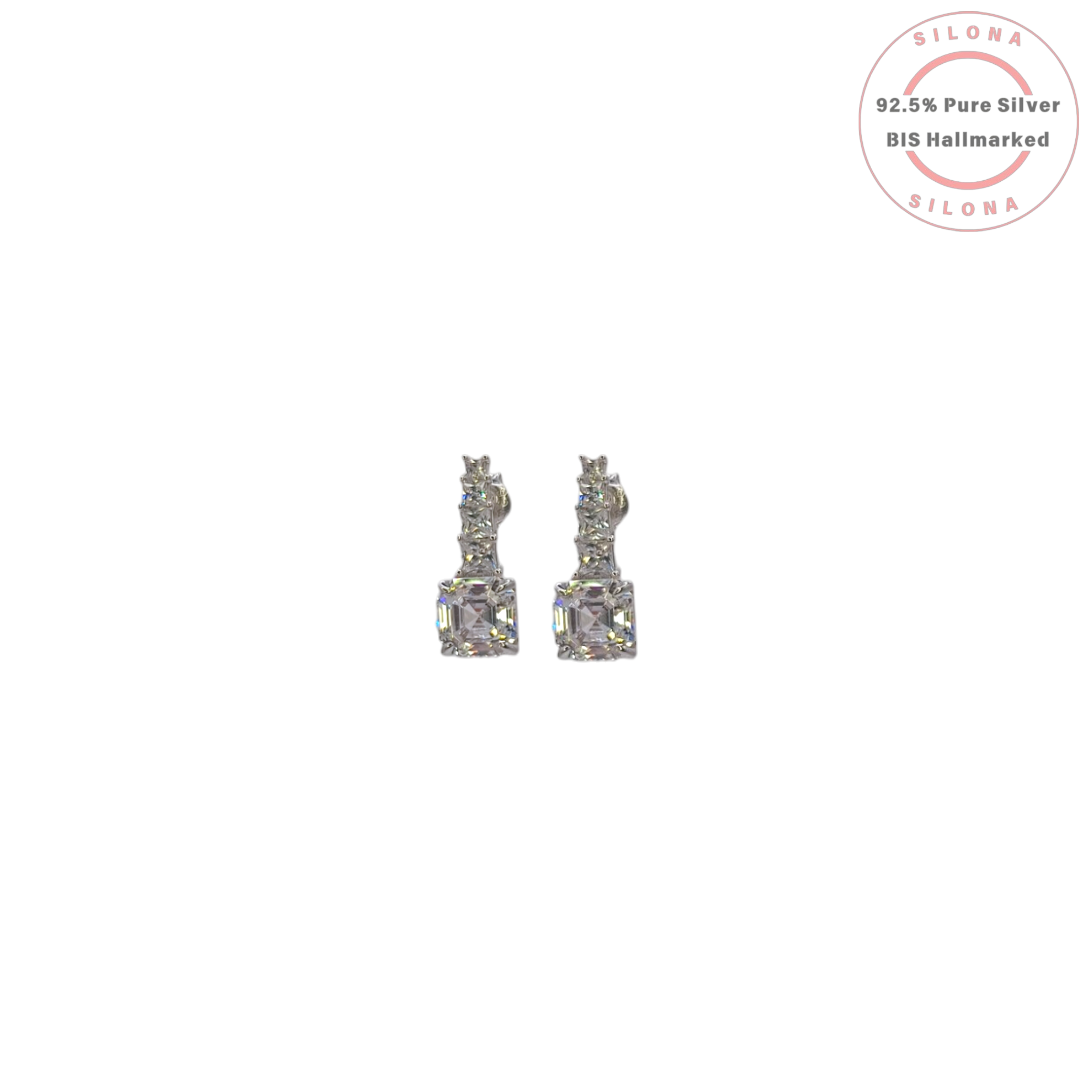 A pair of Silona's Classic Asscher Cut CZ Drop Earrings in 92.5 silver, shown on a white background.