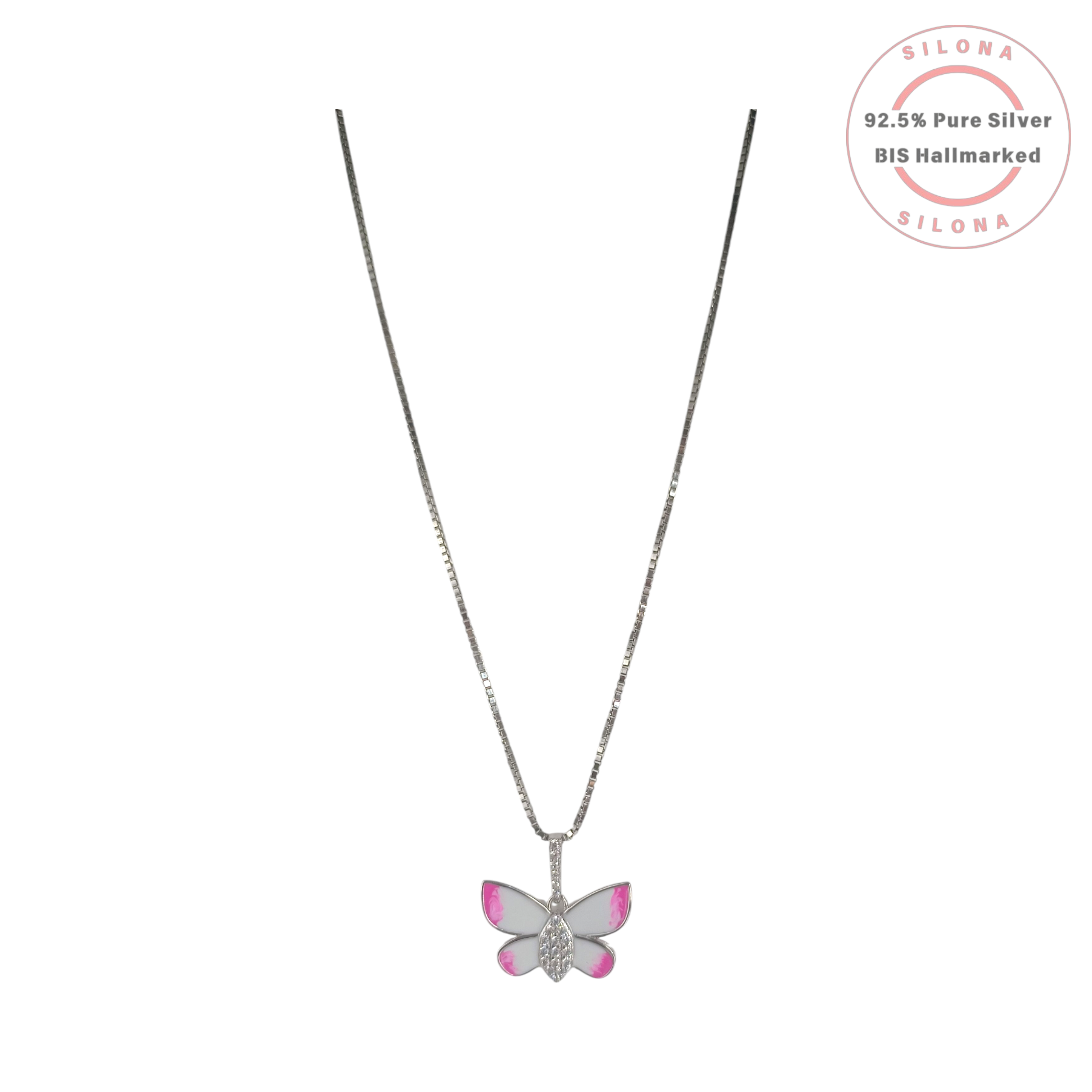 Silona's silver butterfly pendant necklace with pink and white enamel and cubic zirconia on a box chain.