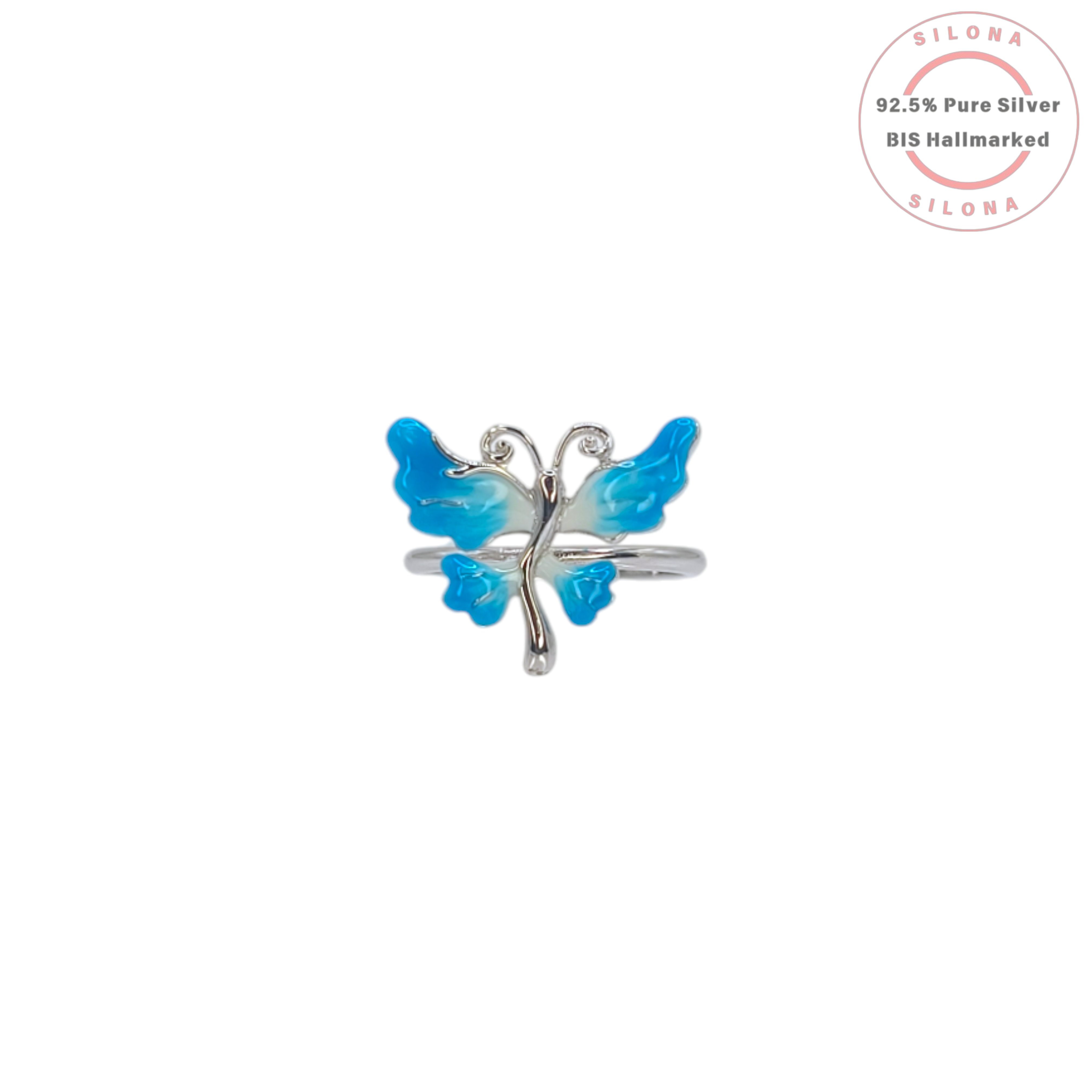 Silona's Ombré Blue Enamel Butterfly Ring in 92.5 Silver on a white background.