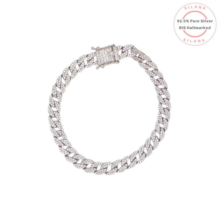 Front view of a pavé Cubic Zirconia Cuban link bracelet in 92.5 sterling silver with a box clasp, on a white background.