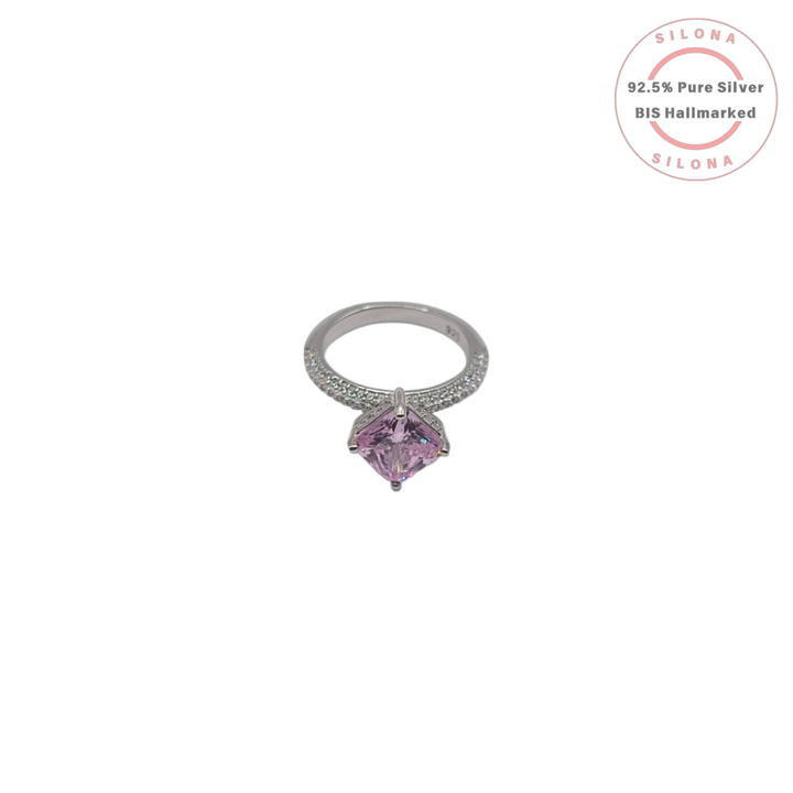 Front view of the Silona Pavé Rosé Cushion Cut Solitaire Ring, showcasing the large pink central stone and the pavé cubic zirconia band, crafted in 92.5 silver.
